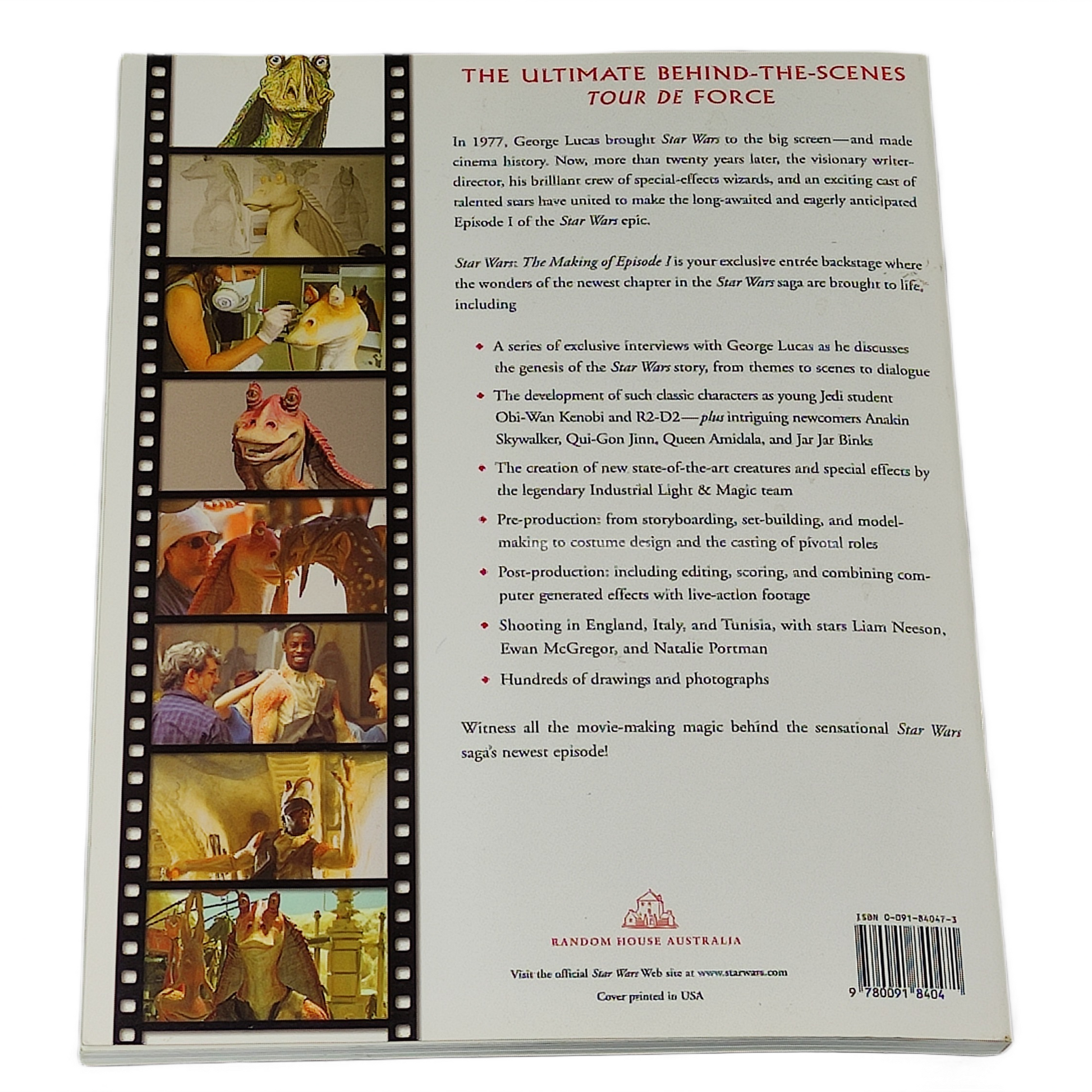 Back cover of a book with film strip and text about Star Wars, featuring images of characters and scenes.