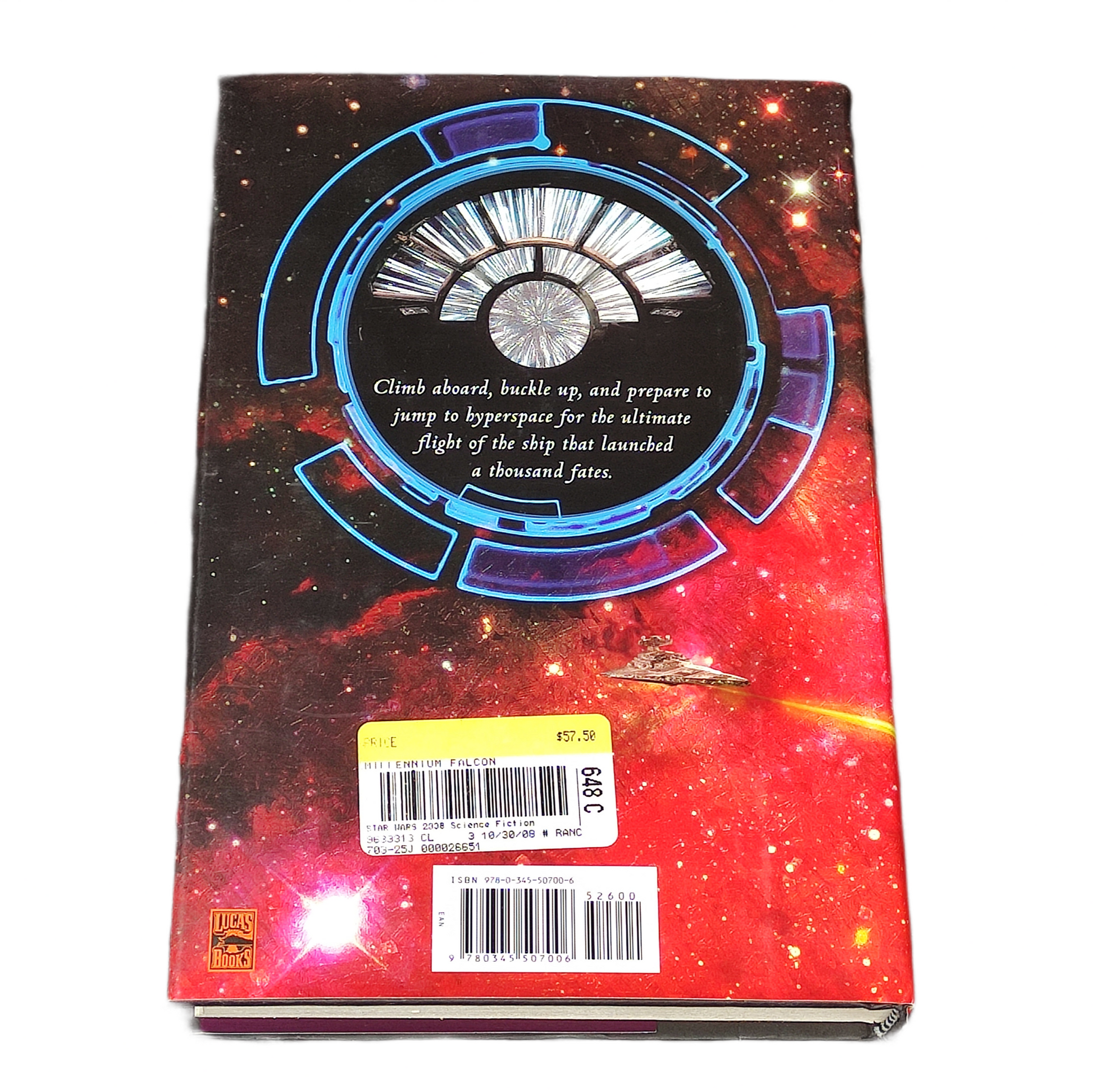Book titled 'Millennium Falcon' by James Luceno with a spaceship illustration on a colourful background.