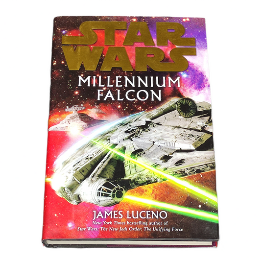 Book titled 'Millennium Falcon' by James Luceno with a spaceship illustration on a colourful background.