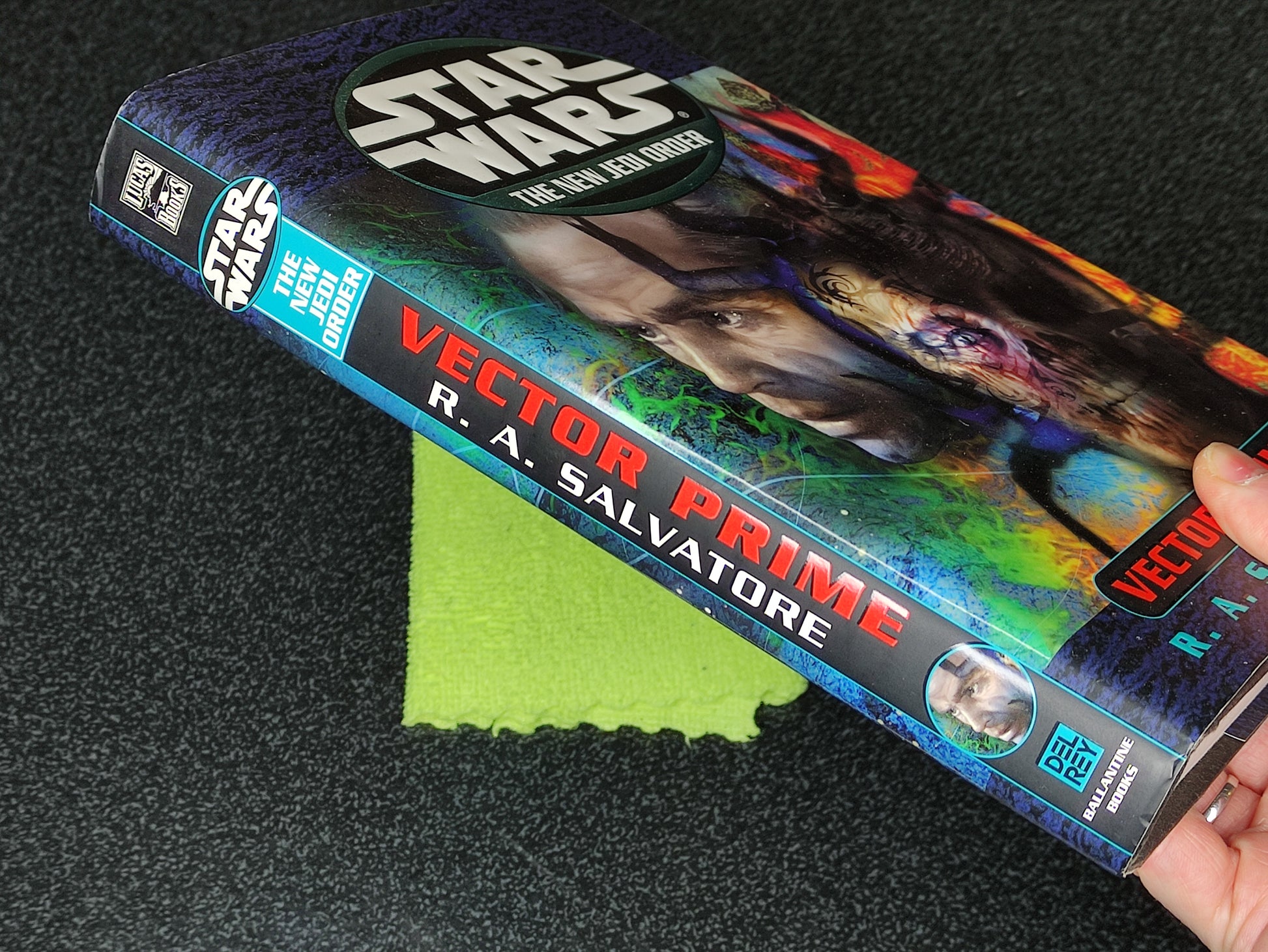Book titled 'Vector Prime' by R.A. Salvatore from 'Star Wars: The New Jedi Order' series on a white background