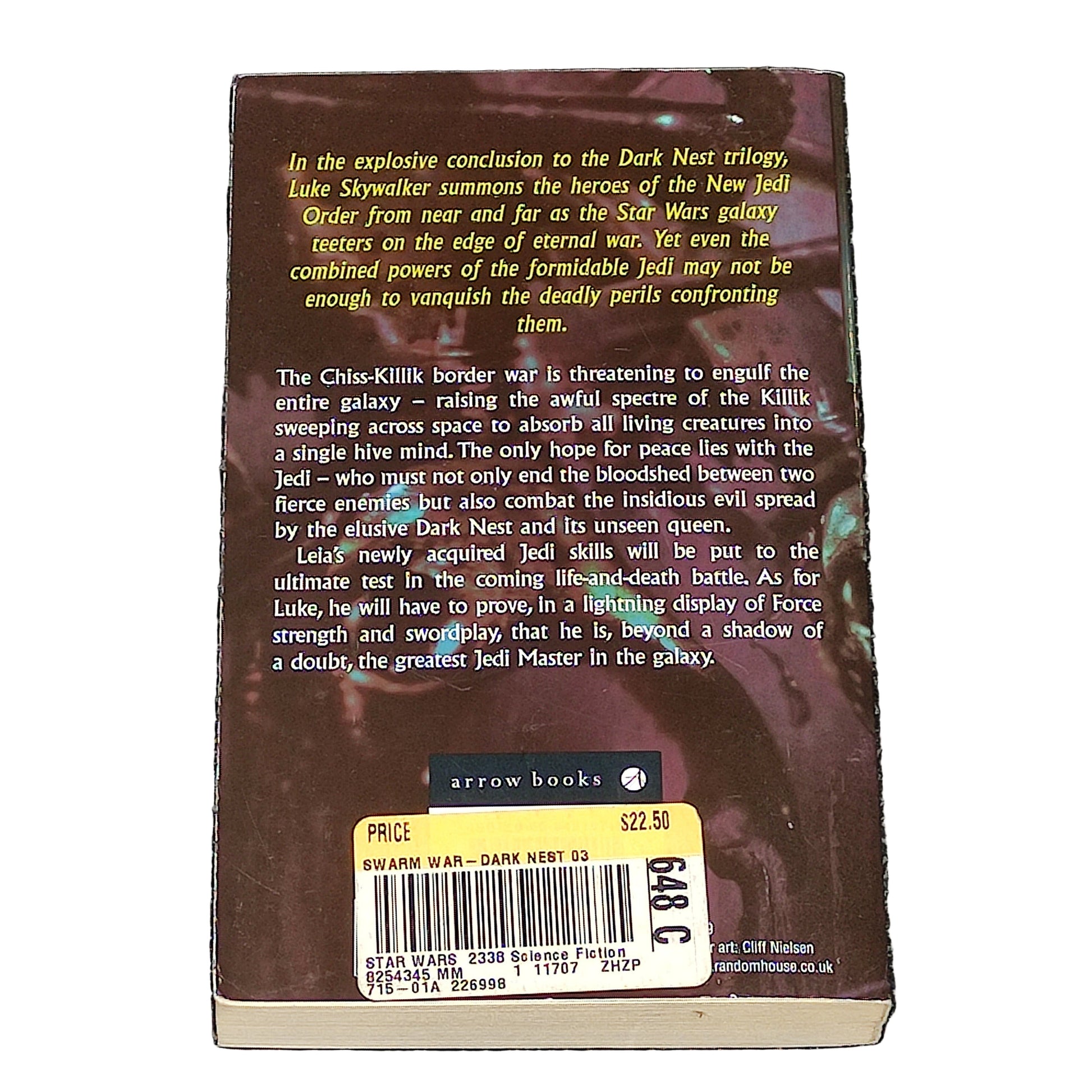 Book titled 'The Swarm War' by Troy Denning with Star Wars branding on a white surface.
