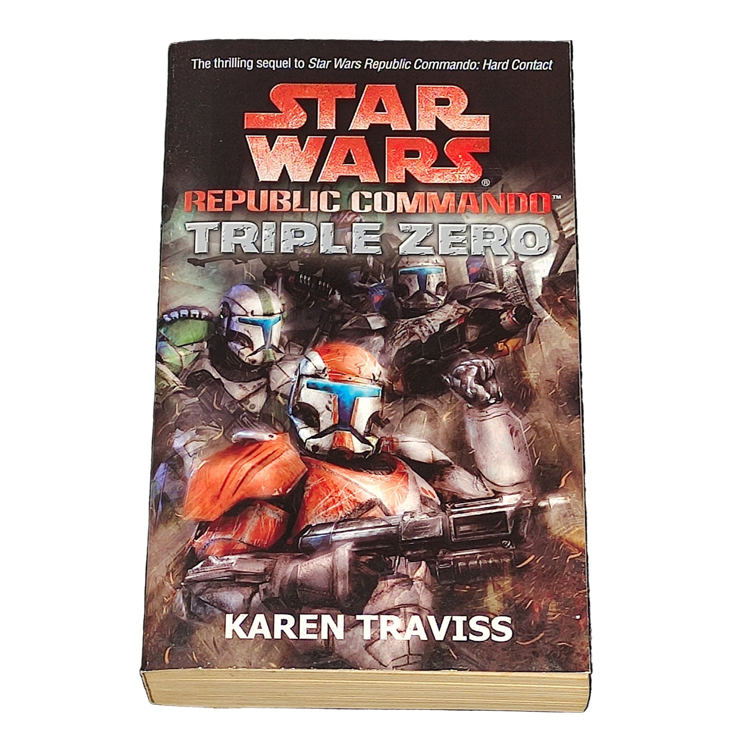 Book titled 'Star Wars: Republic Commando Triple Zero' by Karen Traviss on a white background