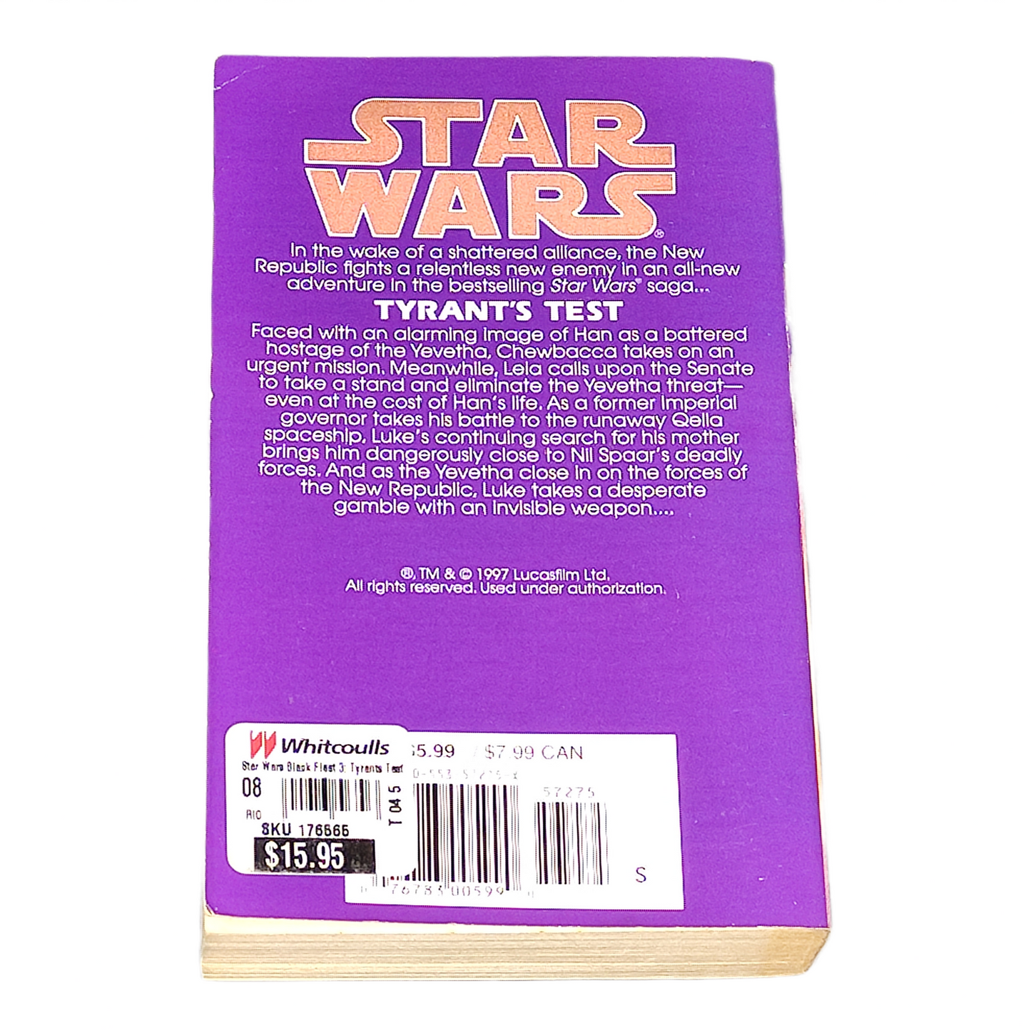 Back cover of a 'Star Wars' book with purple cover and white text on a white background