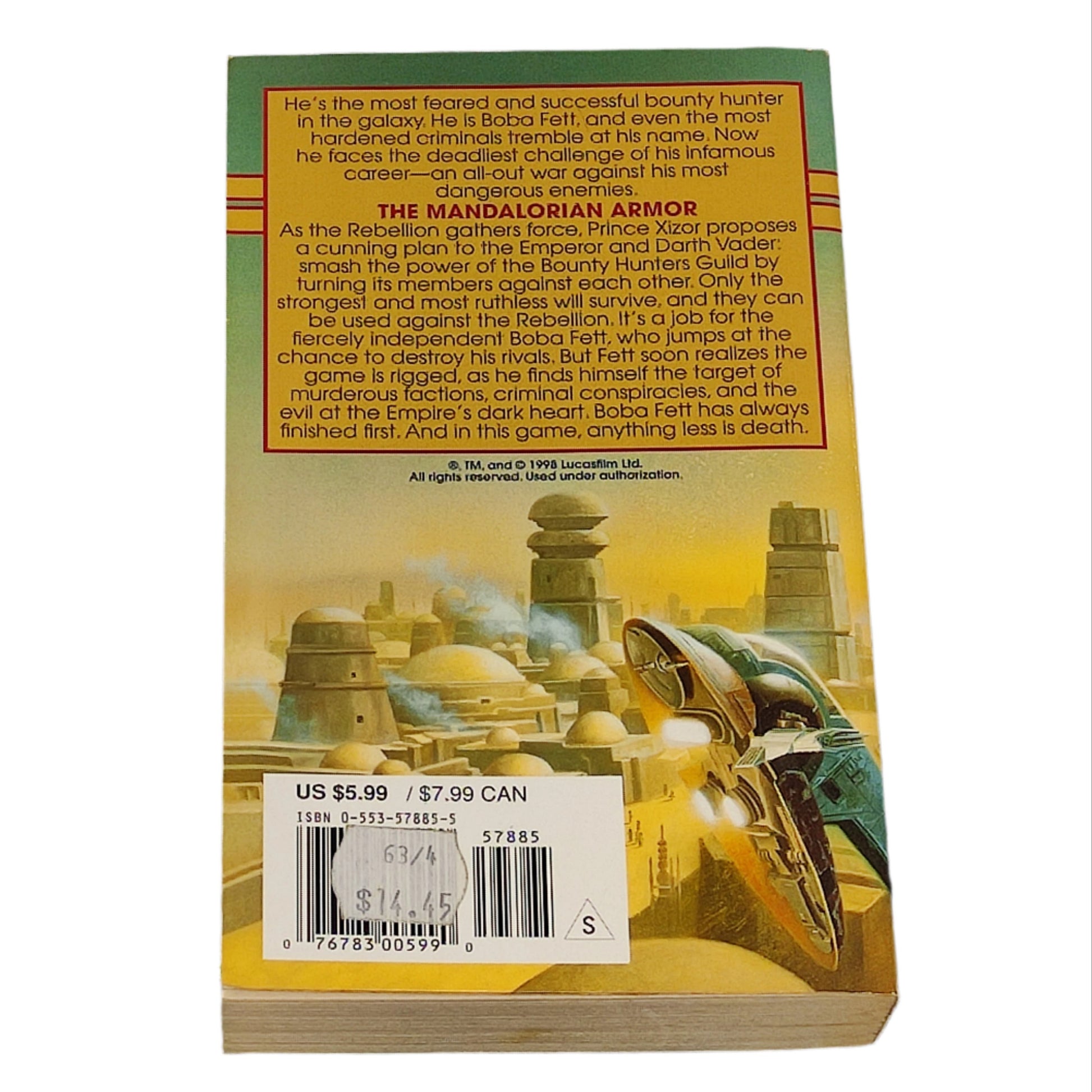 Book cover of 'The Mandalorian Armor' from 'Star Wars' series on a yellow background