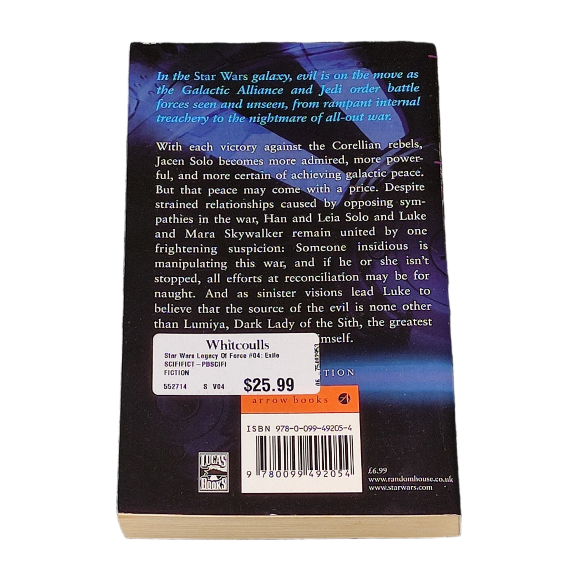Book cover of 'Exile' from 'Star Wars: Legacy of the Force' series on a white background