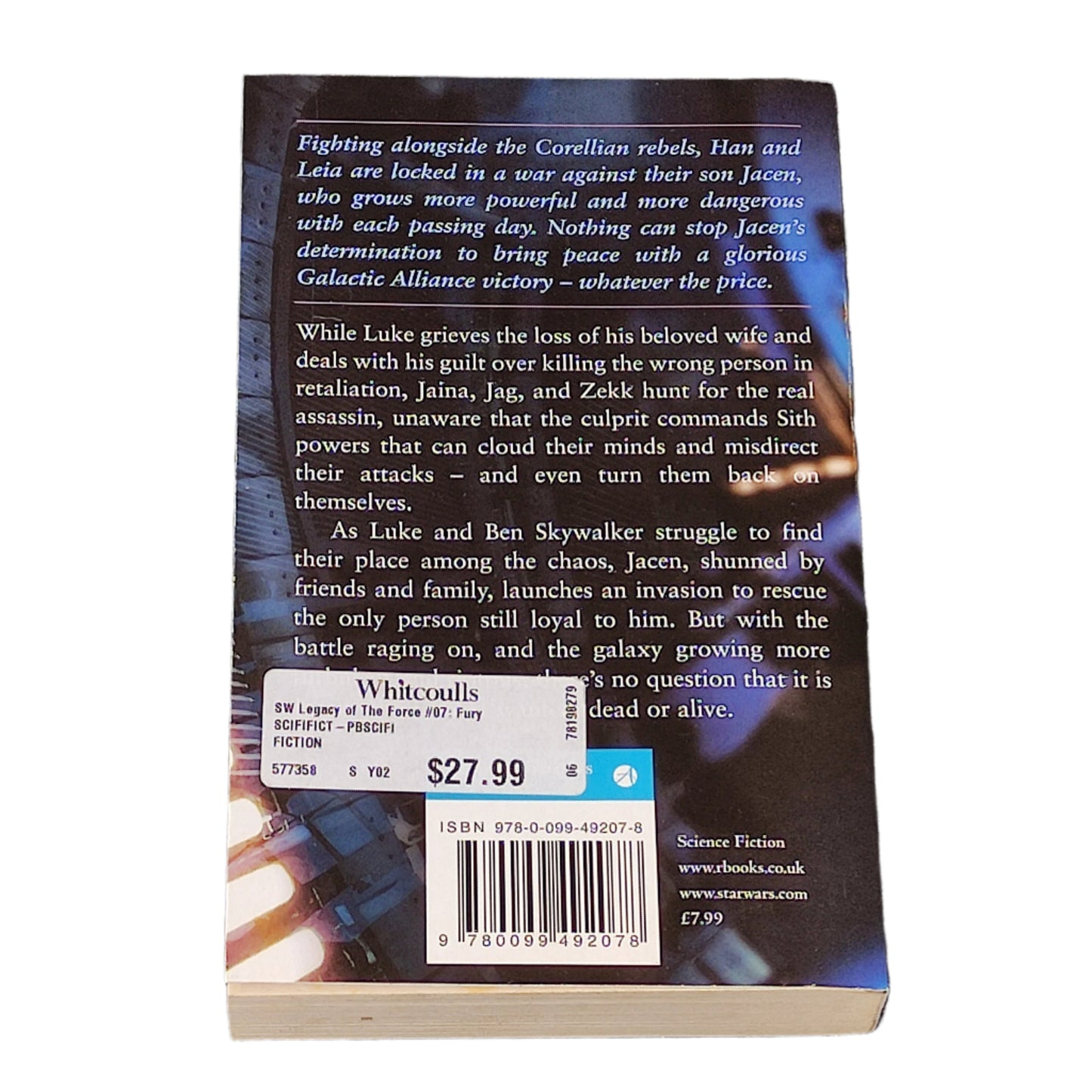 Book titled 'Fury' from 'Star Wars: Legacy of the Force' series on a white surface