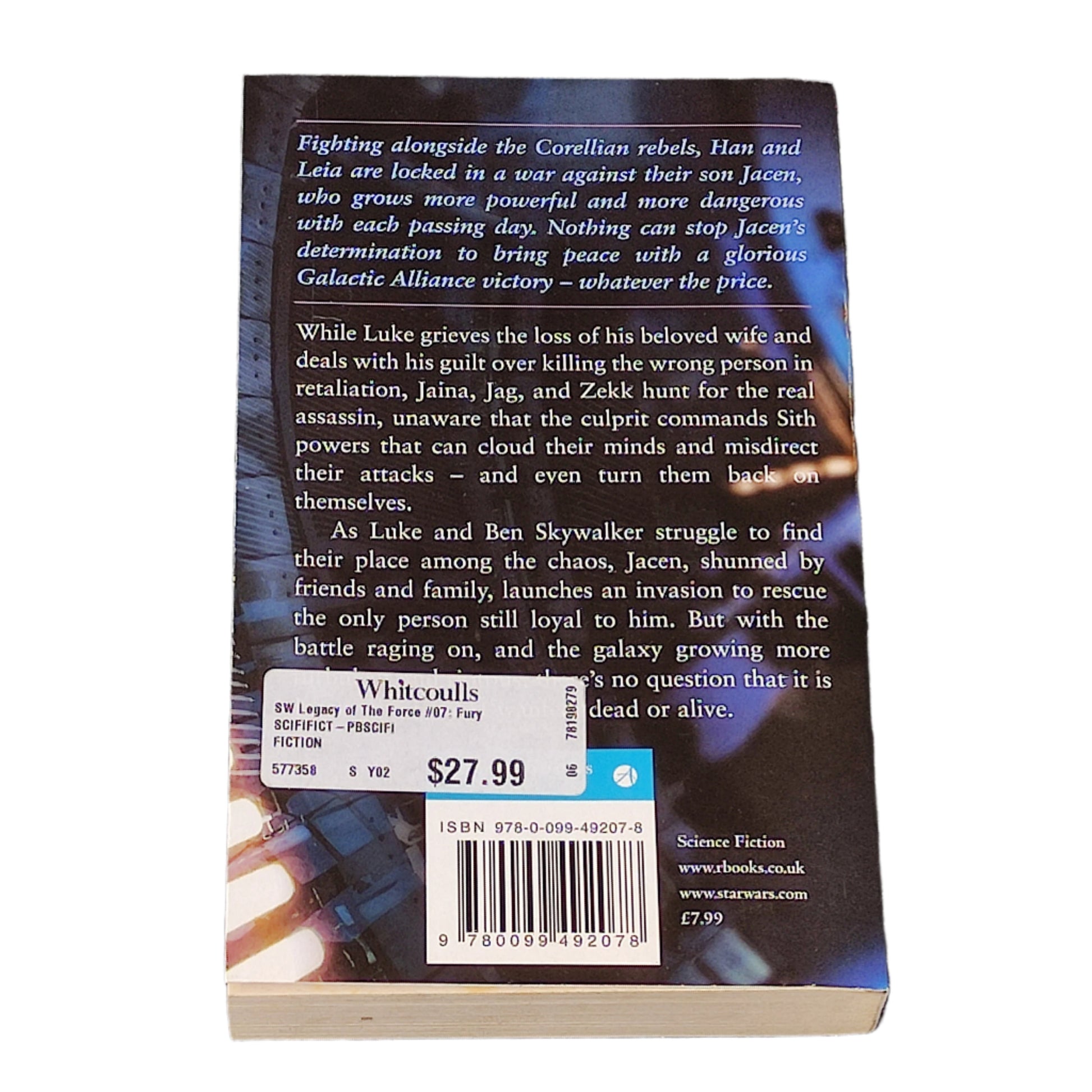 Book titled 'Fury' from 'Star Wars: Legacy of the Force' series on a white surface