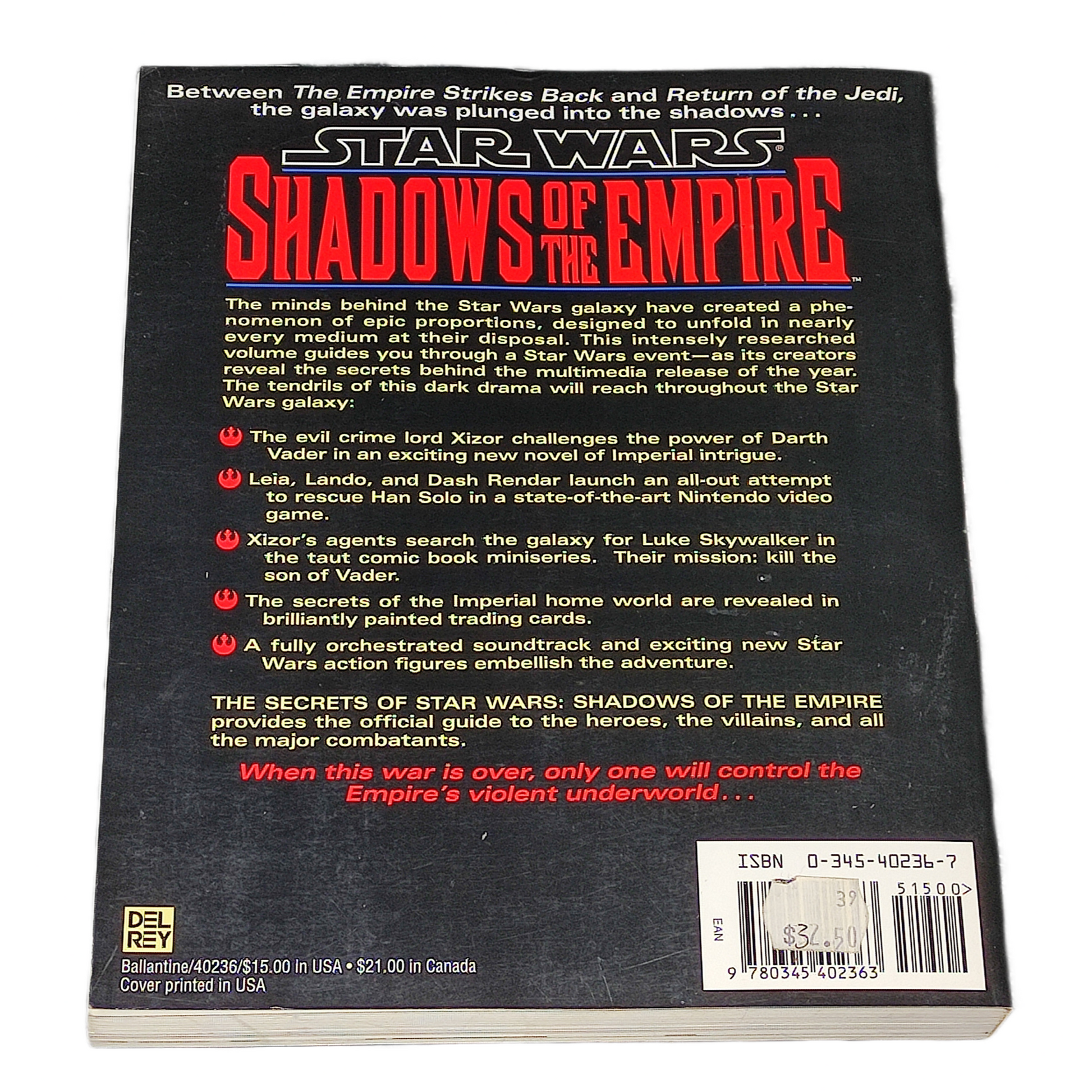 Back cover of 'Star Wars: Shadows of the Empire' book with text and branding.