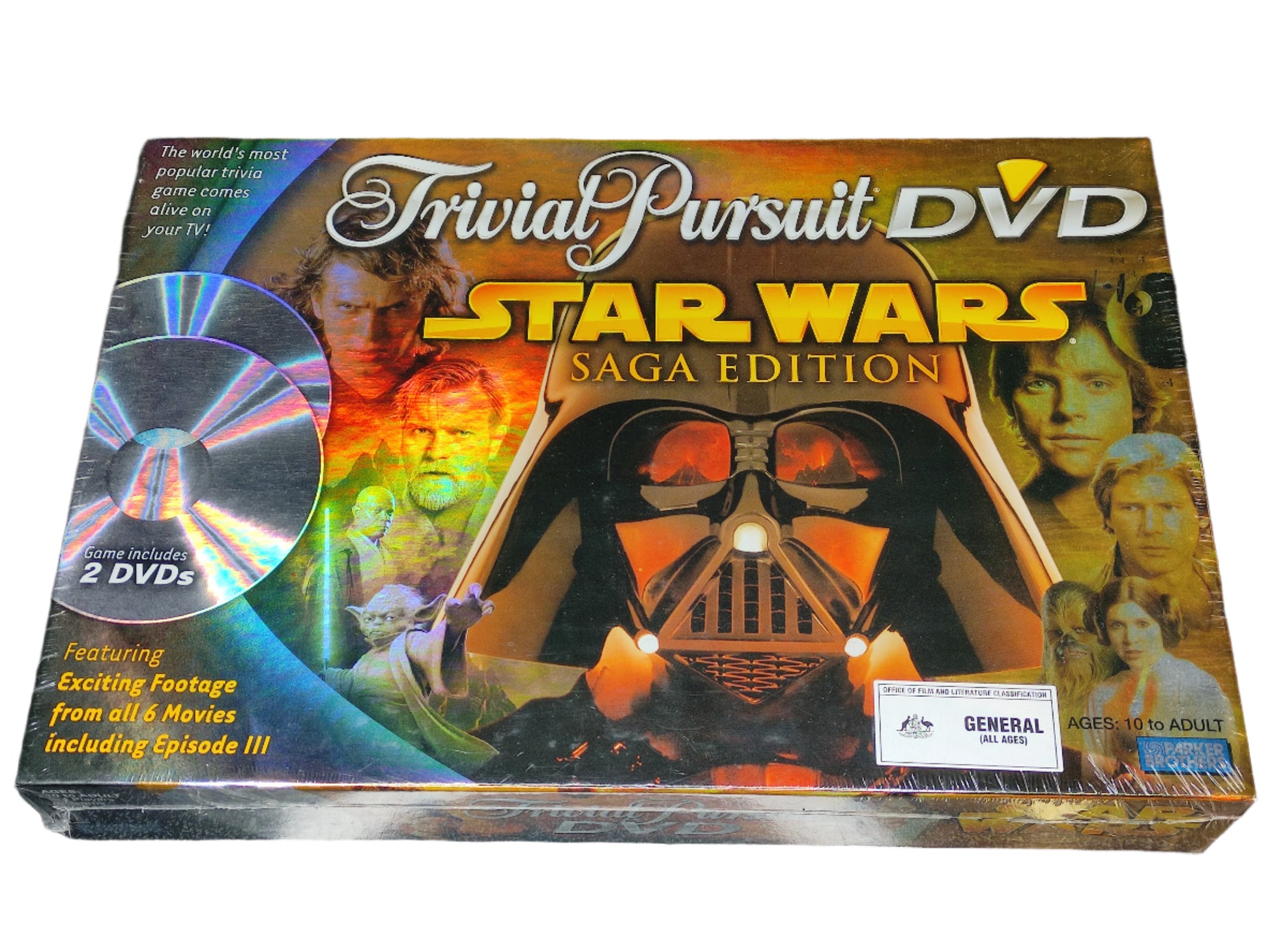 Trivial Pursuit DVD Star Wars Saga Edition packaging with Darth Vader and other characters.