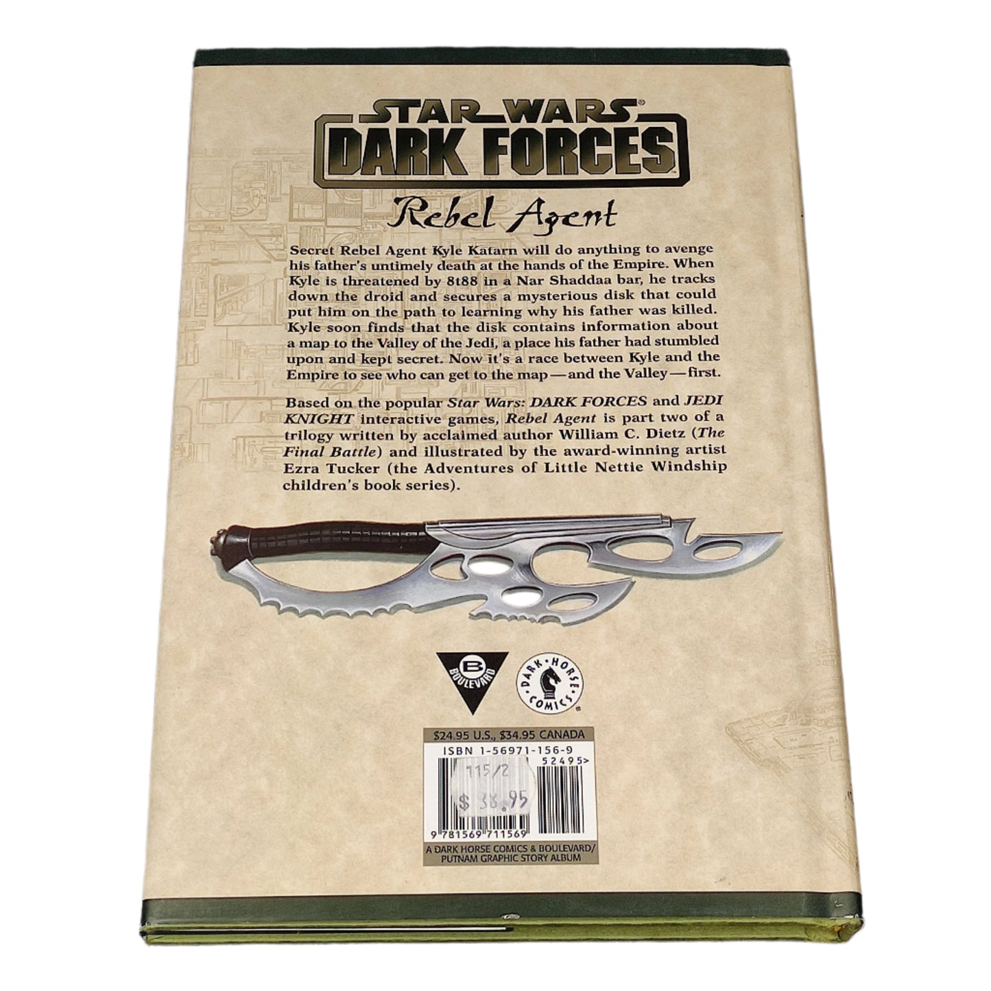 Back cover of a 'Star Wars Dark Forces' book with text and logo on a dark textured background