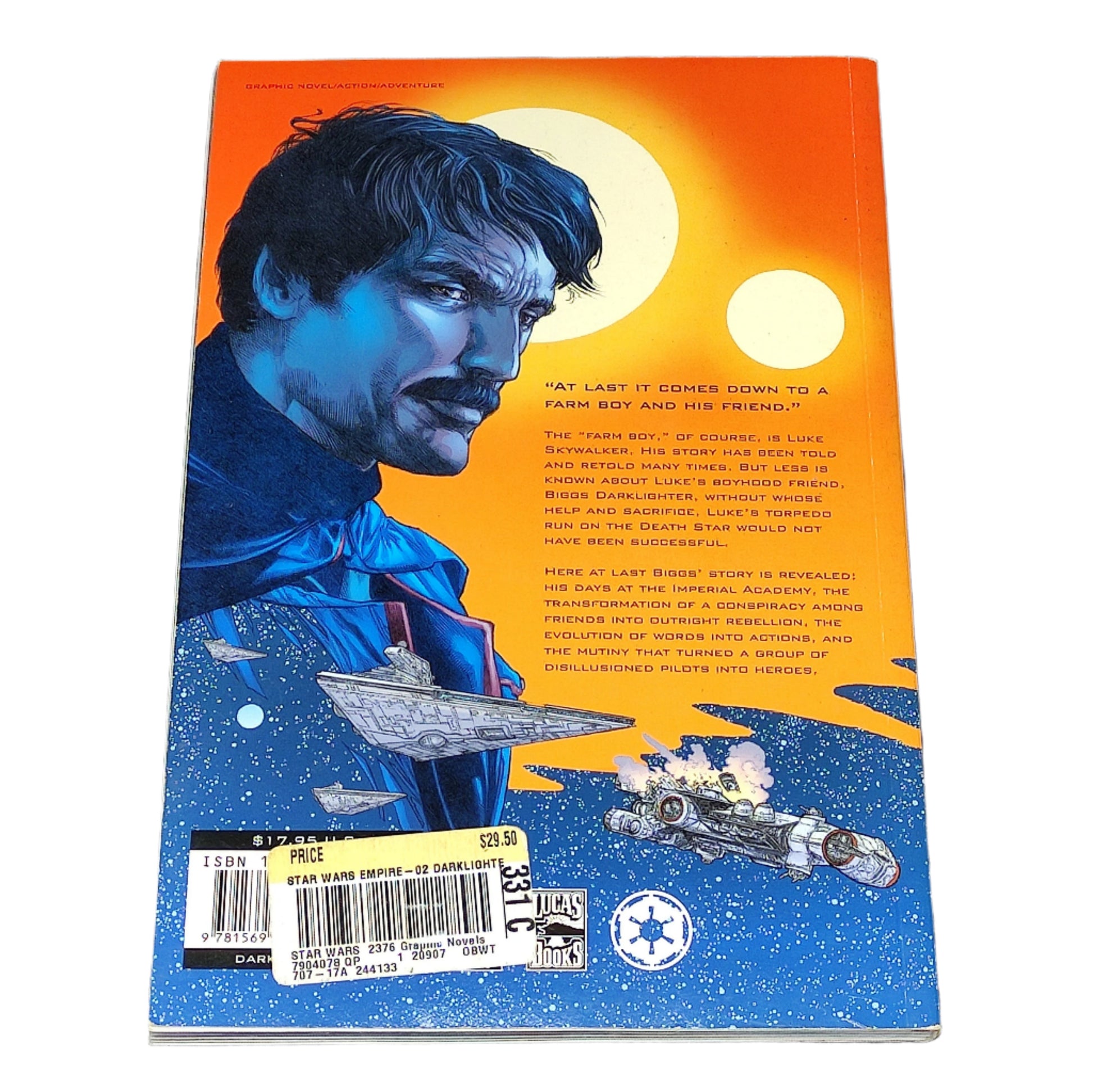 Book cover with a character and space-themed design on an orange and blue background