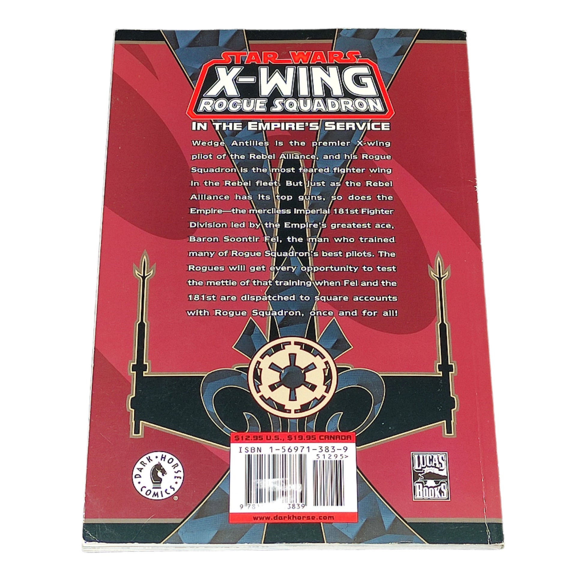 Back cover of a 'Star Wars X-Wing' book with text and branding on a textured surface.
