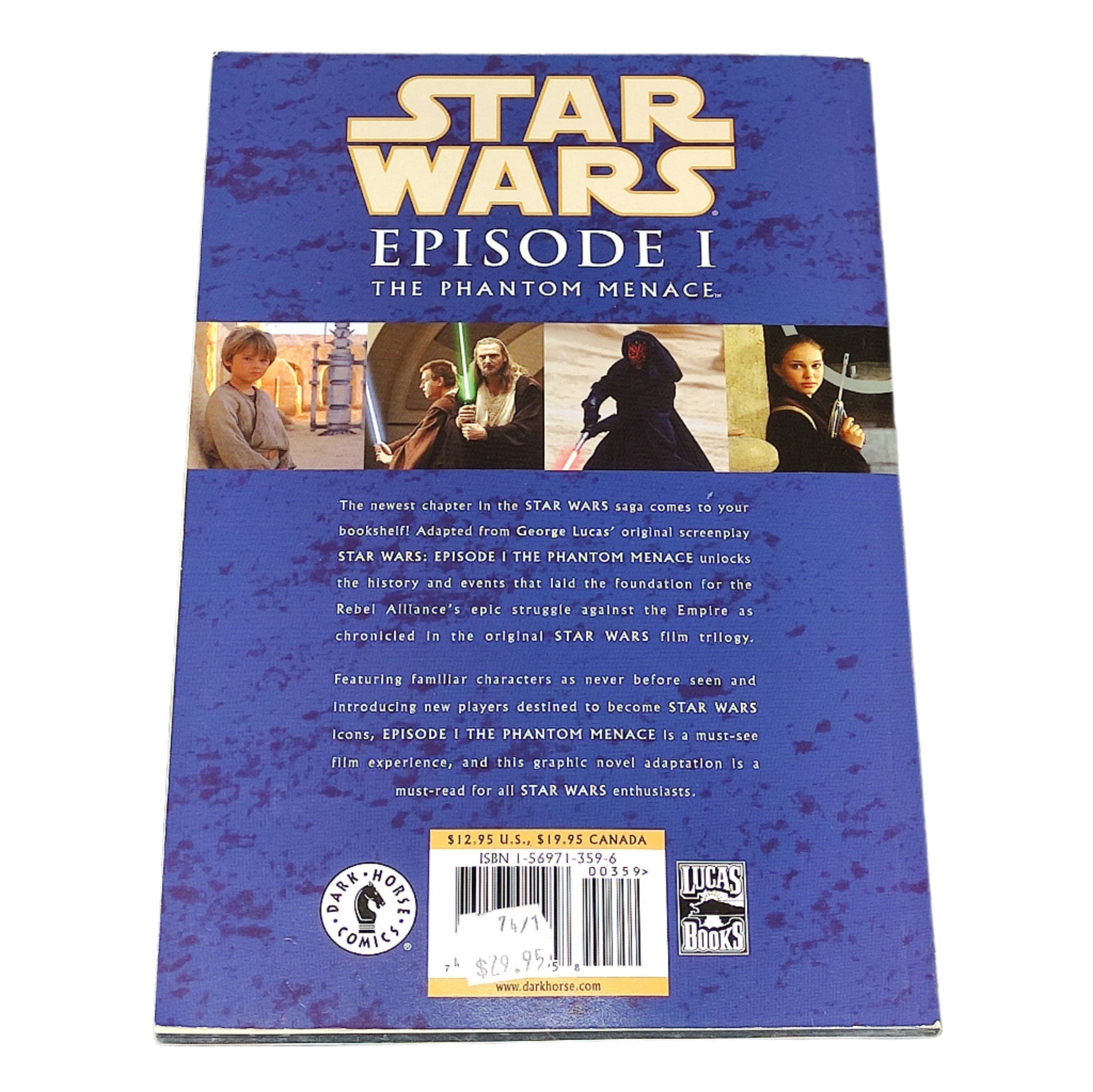 Back cover of 'Star Wars Episode I: The Phantom Menace' book on a textured black surface