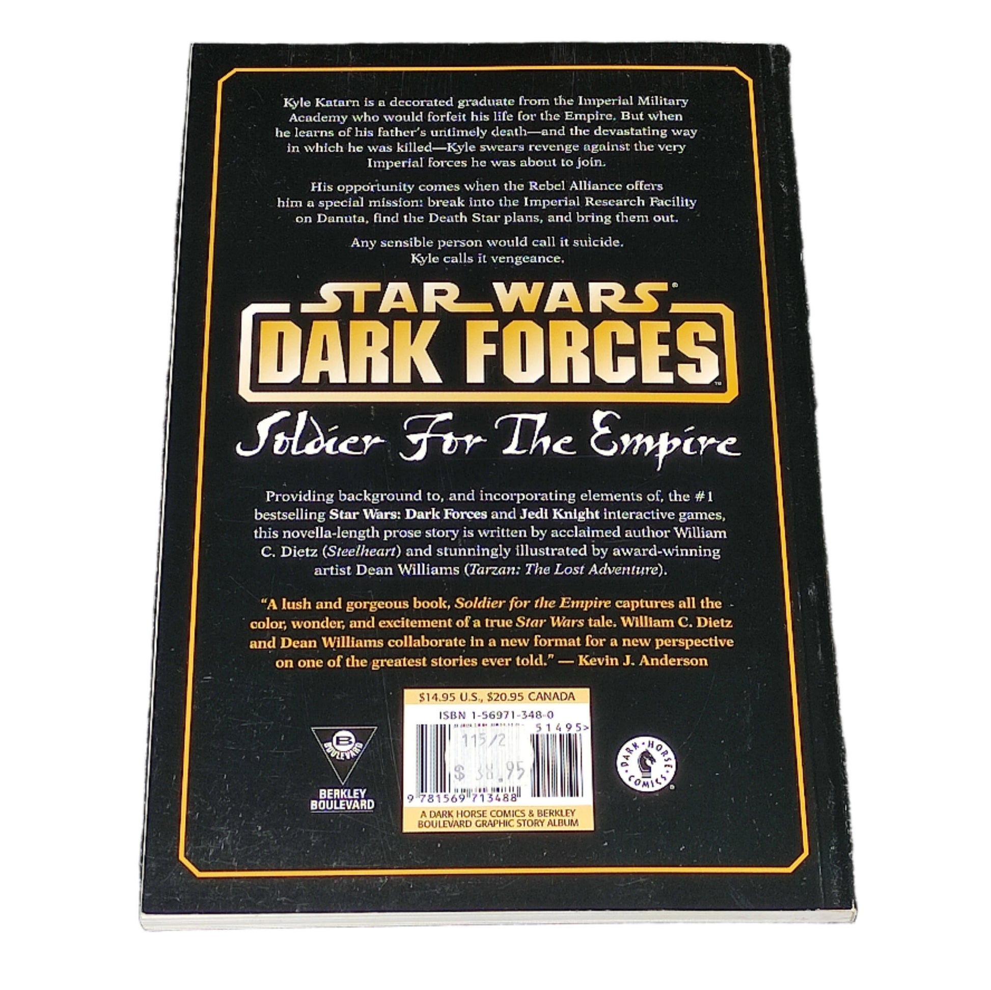 Back cover of 'Star Wars: Dark Forces' book on a textured gray surface