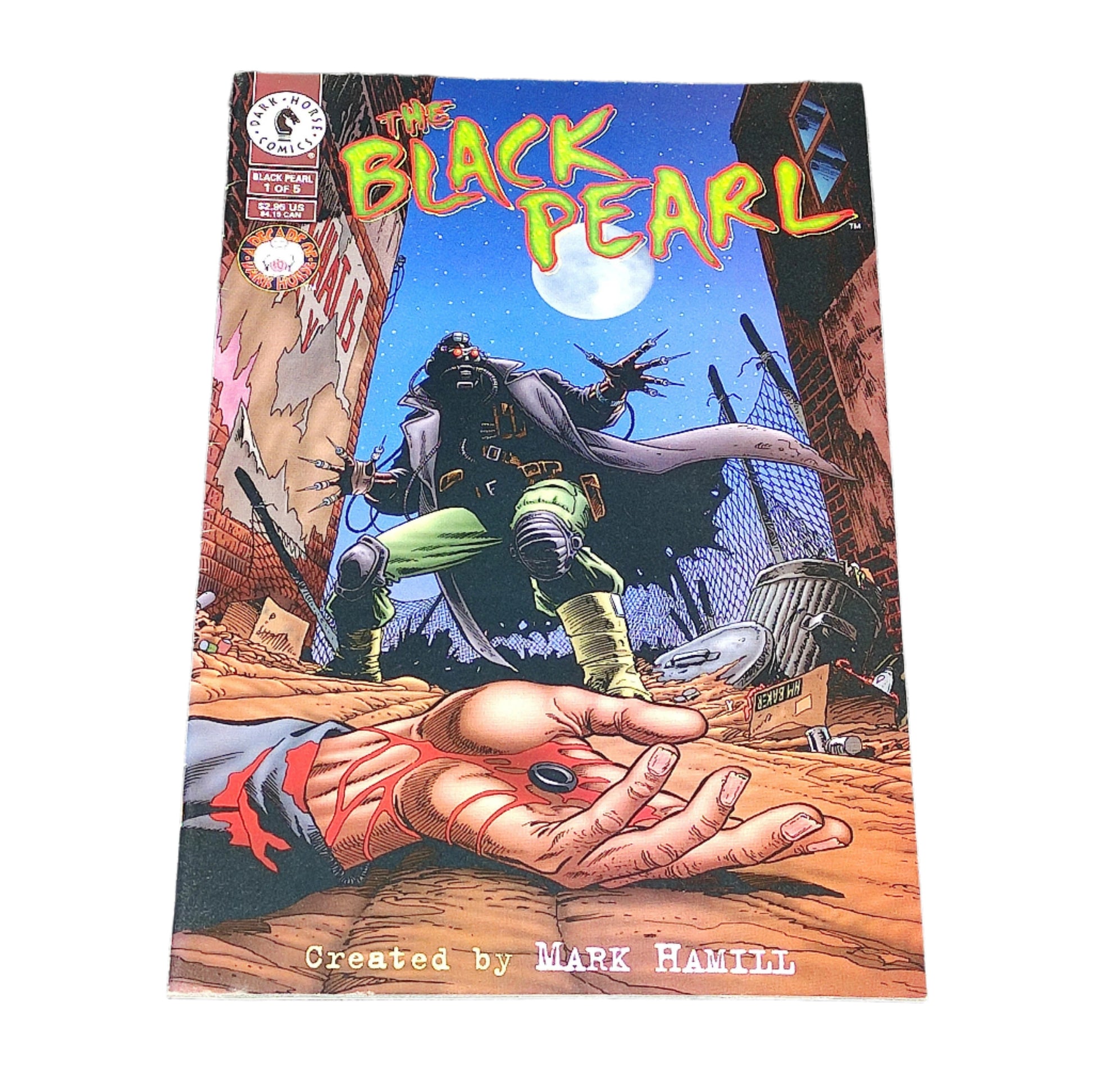Comic book cover titled 'The Black Pearl' with a character holding a pearl on a dark textured background