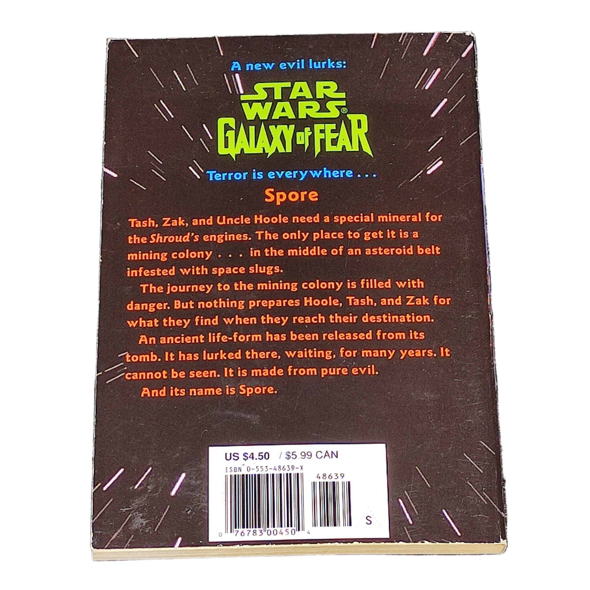 Back cover of a book titled 'Star Wars: Galaxy of Fear' with text and branding.