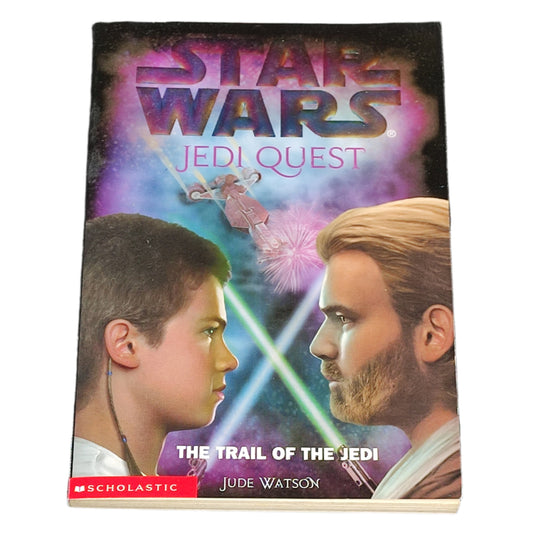 Book titled 'Star Wars Jedi Quest: The Trail of the Jedi' by Jude Watson on a textured black background