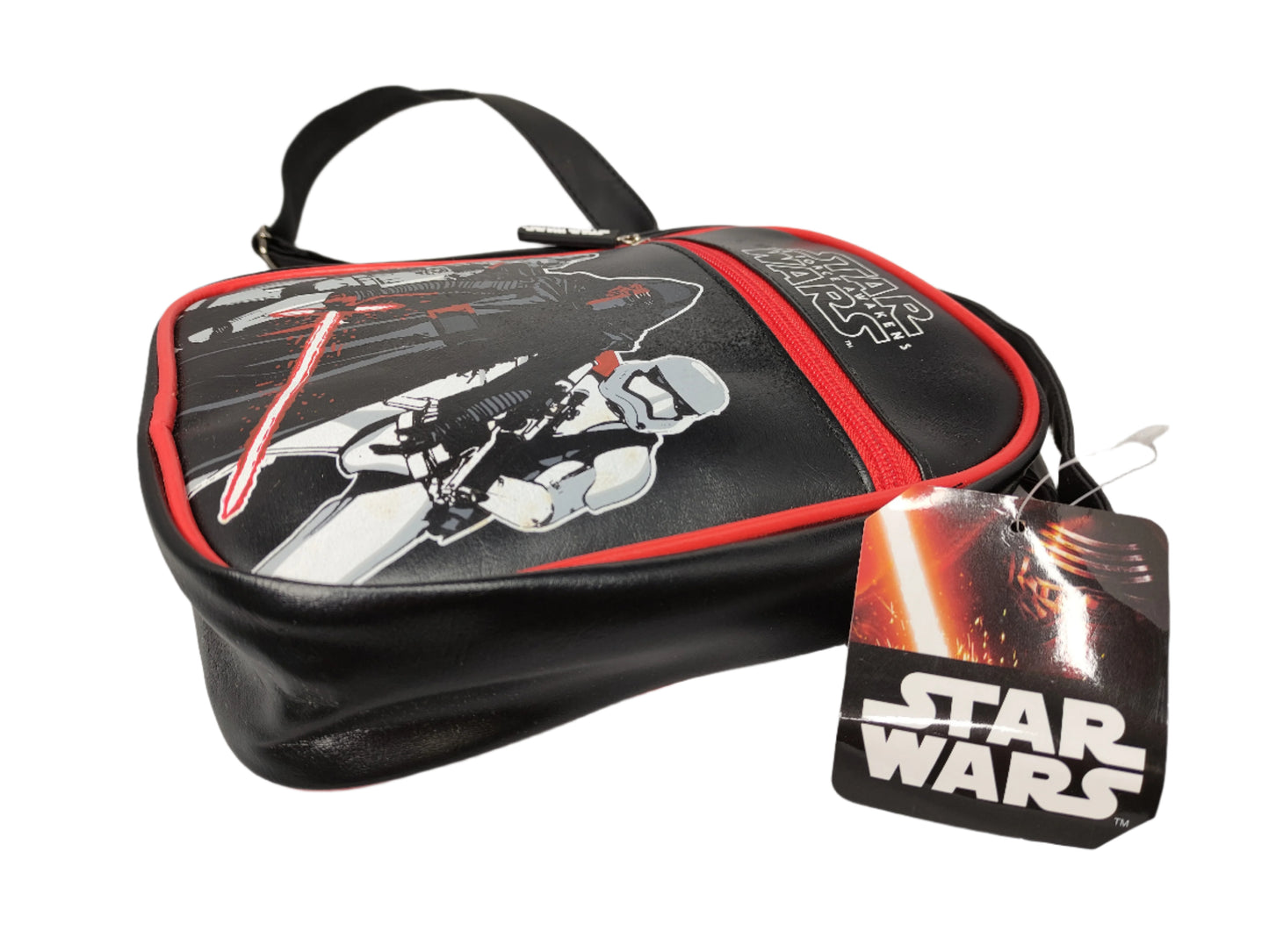 Star Wars-themed bag with characters and 'The Force Awakens' text on a black background