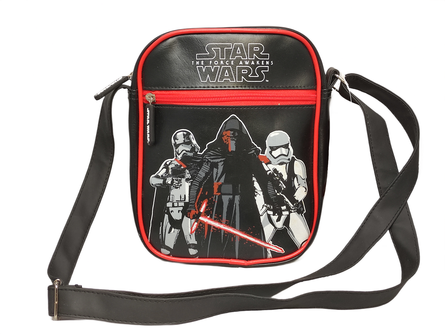 Star Wars-themed bag with characters and 'The Force Awakens' text on a black background