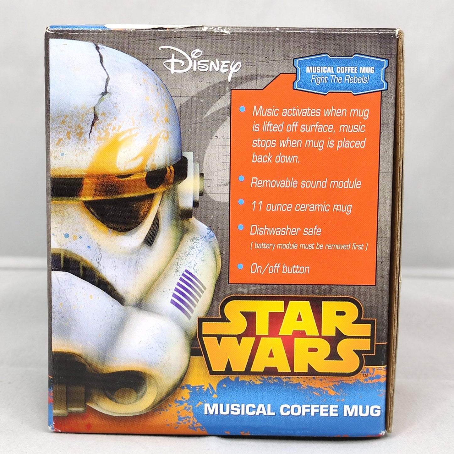 Star Wars-themed musical coffee mug packaging with stormtrooper design on a white background