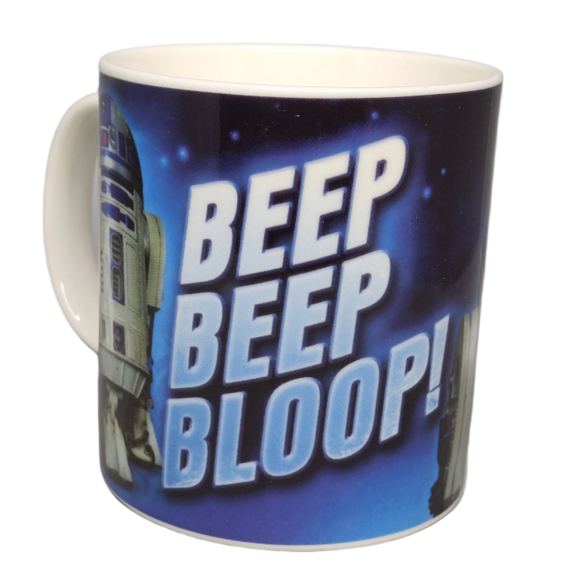 Mug with 'Beep Beep Bloop!' text and R2-D2 design on a white background