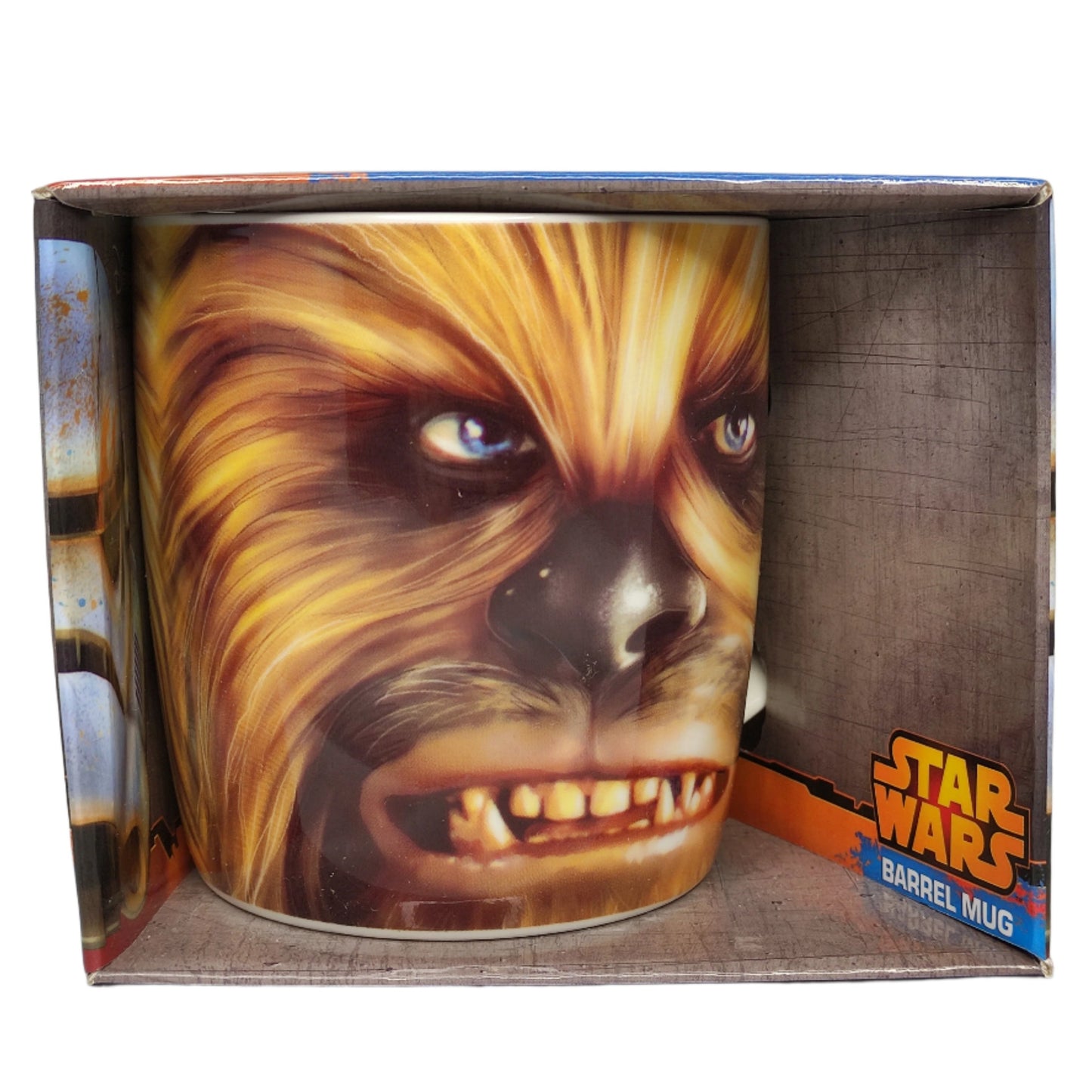 Star Wars-themed mug with Chewbacca design in packaging on a gray background
