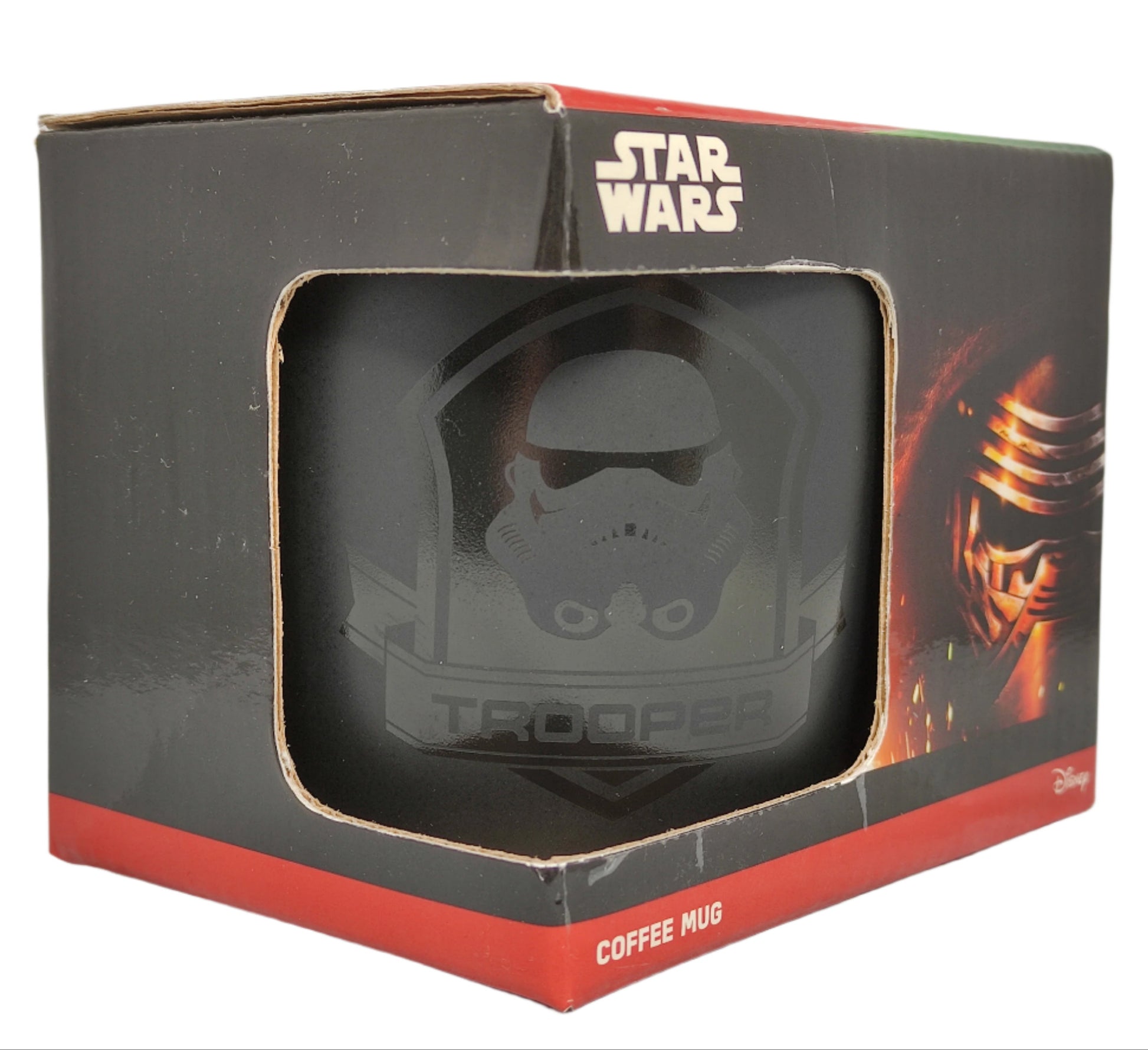 Star Wars coffee mug in packaging with 'Trooper' design on a gray background