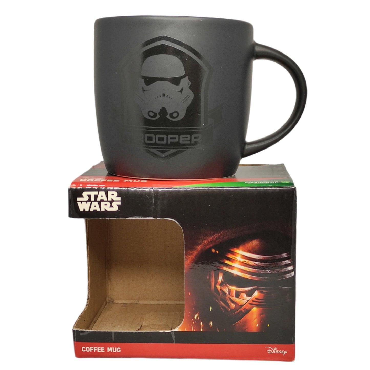 Black coffee mug with stormtrooper design on a Star Wars branded box.