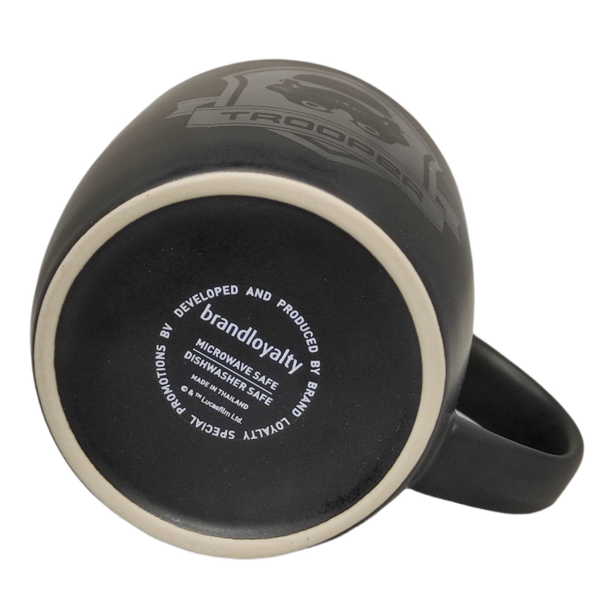 Black mug with 'Trooper' design on a white background