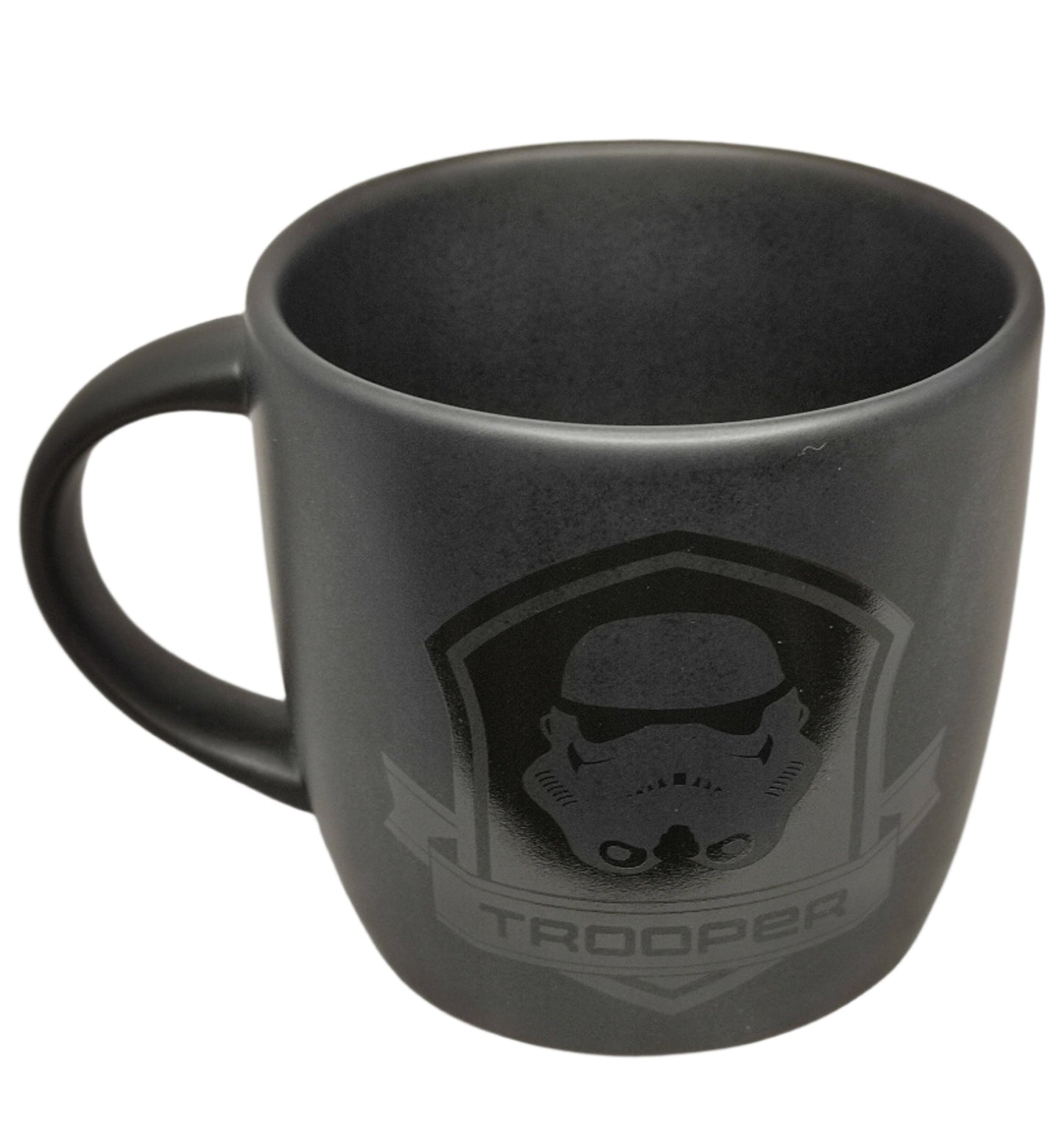 Black mug with 'Trooper' design on a white background