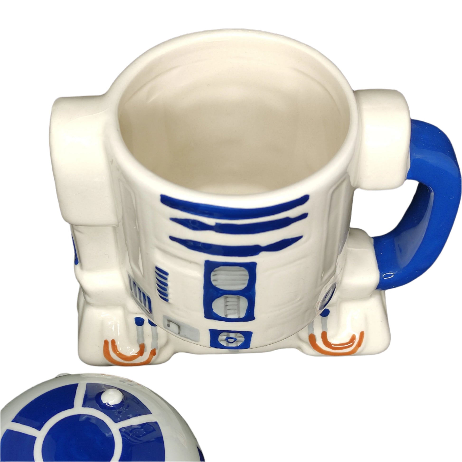 R2-D2 mug with lid from Star Wars on a black background
