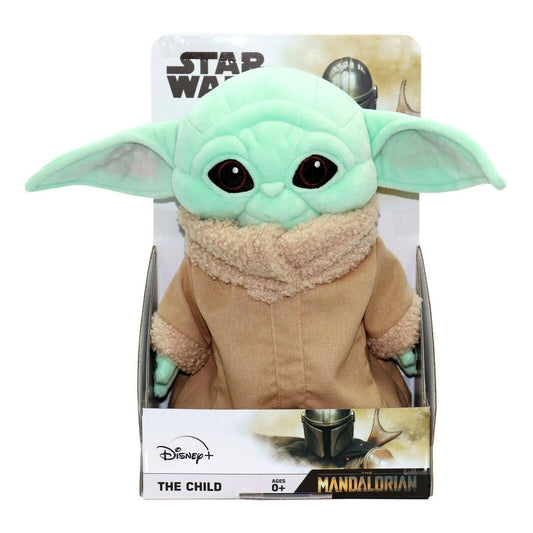 A plush toy of Baby Yoda from Star Wars, sealed in a box with the character's name and a reference to The Mandalorian show.