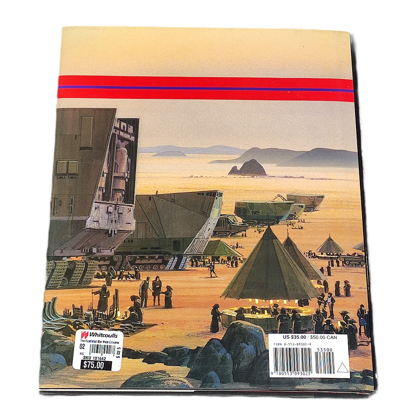 Product packaging with a scenic design and red and blue bands at the top