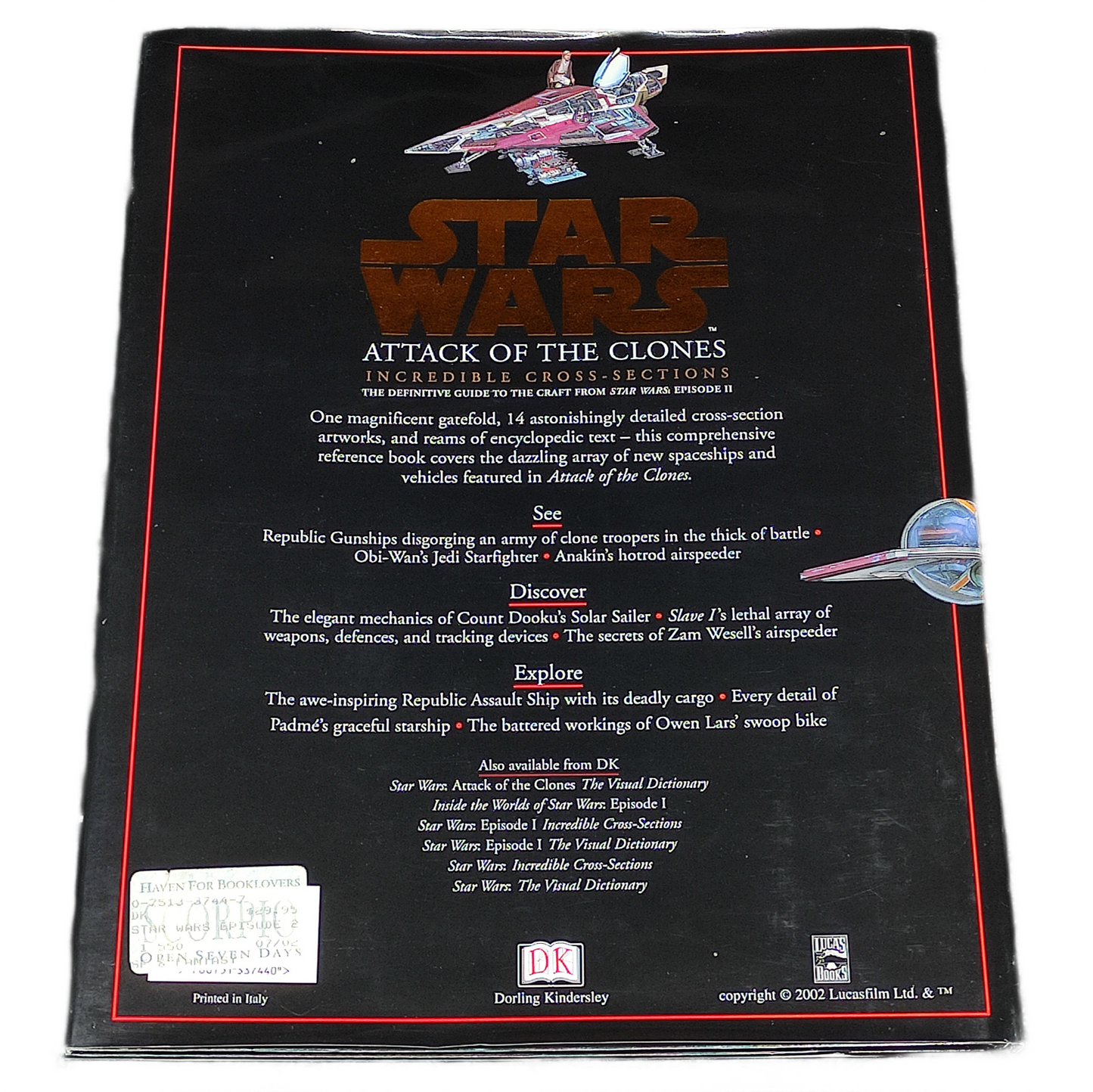 Back cover of a 'Star Wars: Attack of the Clones' book with text and illustrations.