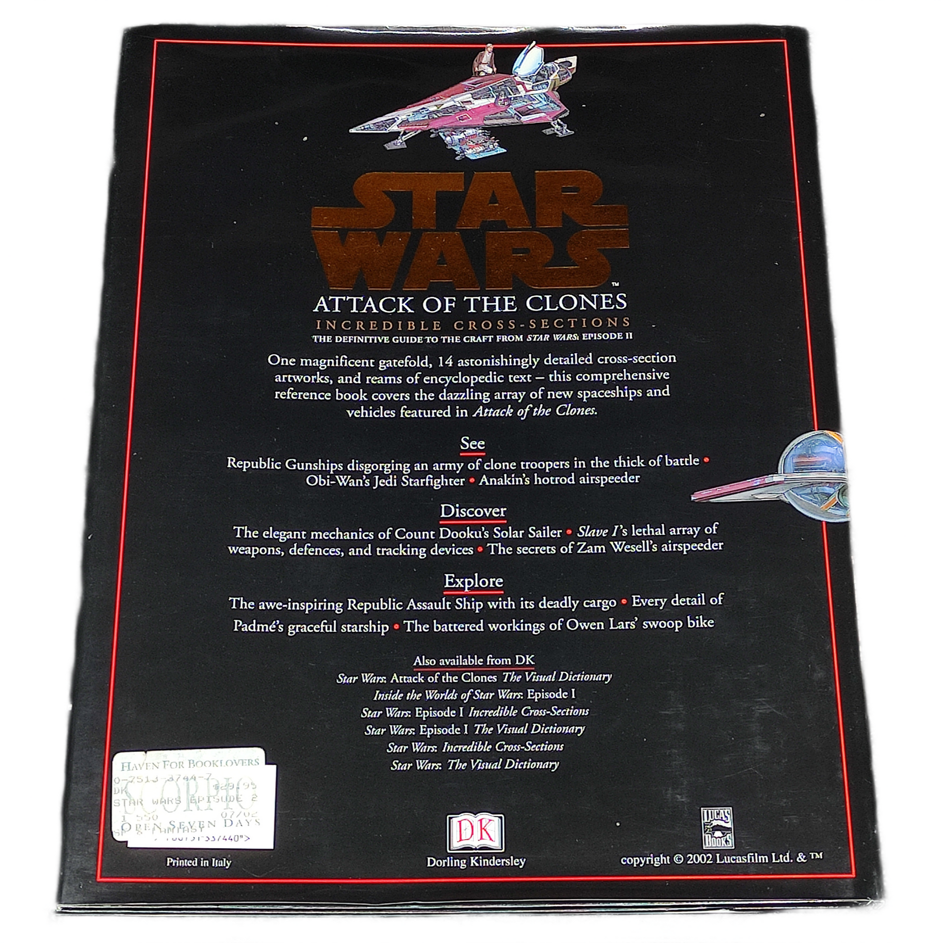 Back cover of a 'Star Wars: Attack of the Clones' book with text and illustrations.