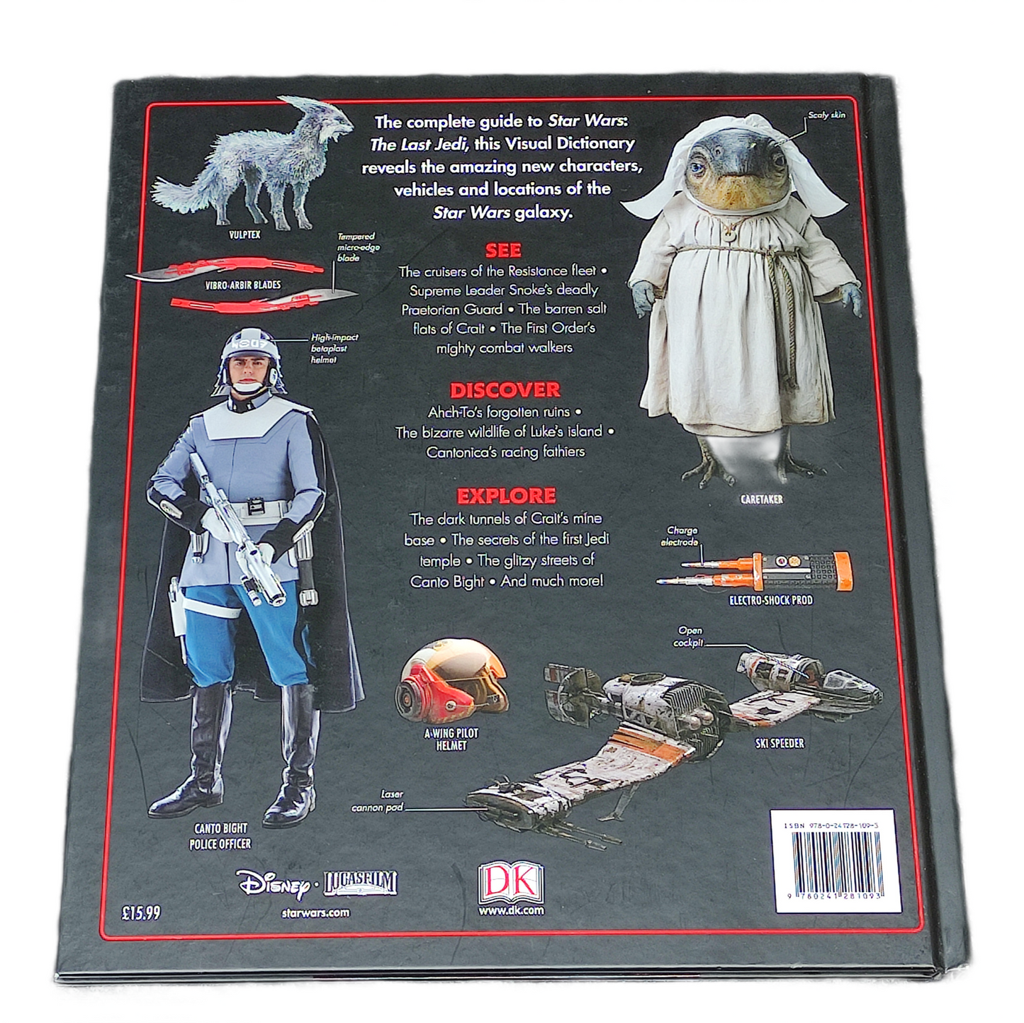 Back cover of a book featuring illustrations of characters and text related to Star Wars.