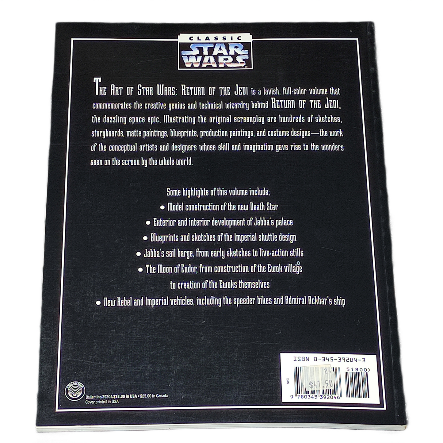 Back cover of a Star Wars book with text and branding