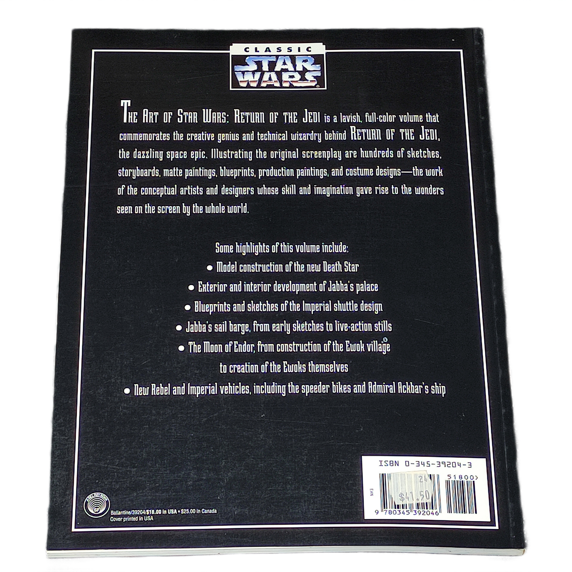 Back cover of a Star Wars book with text and branding