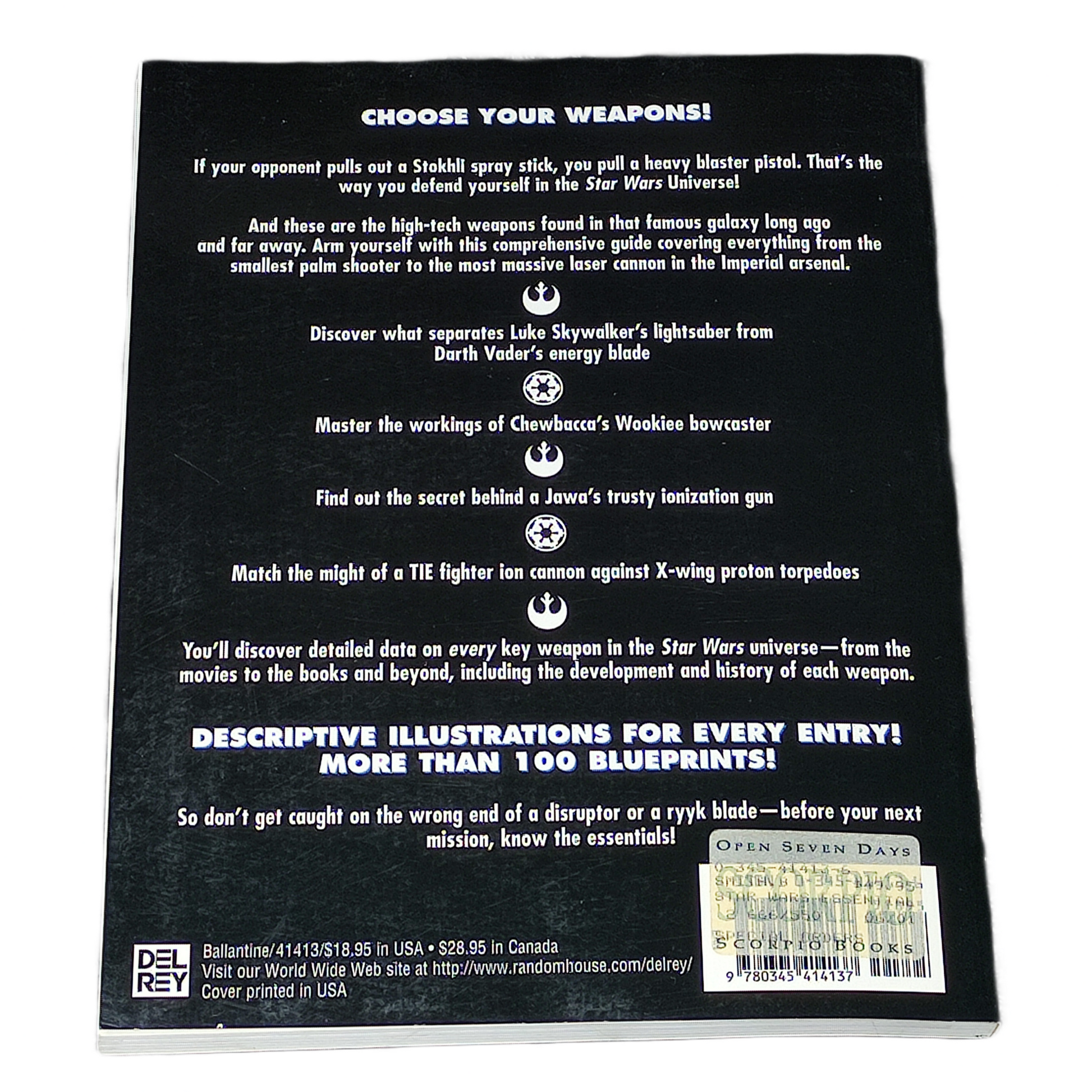 Back cover of a book with text and logos on a white background