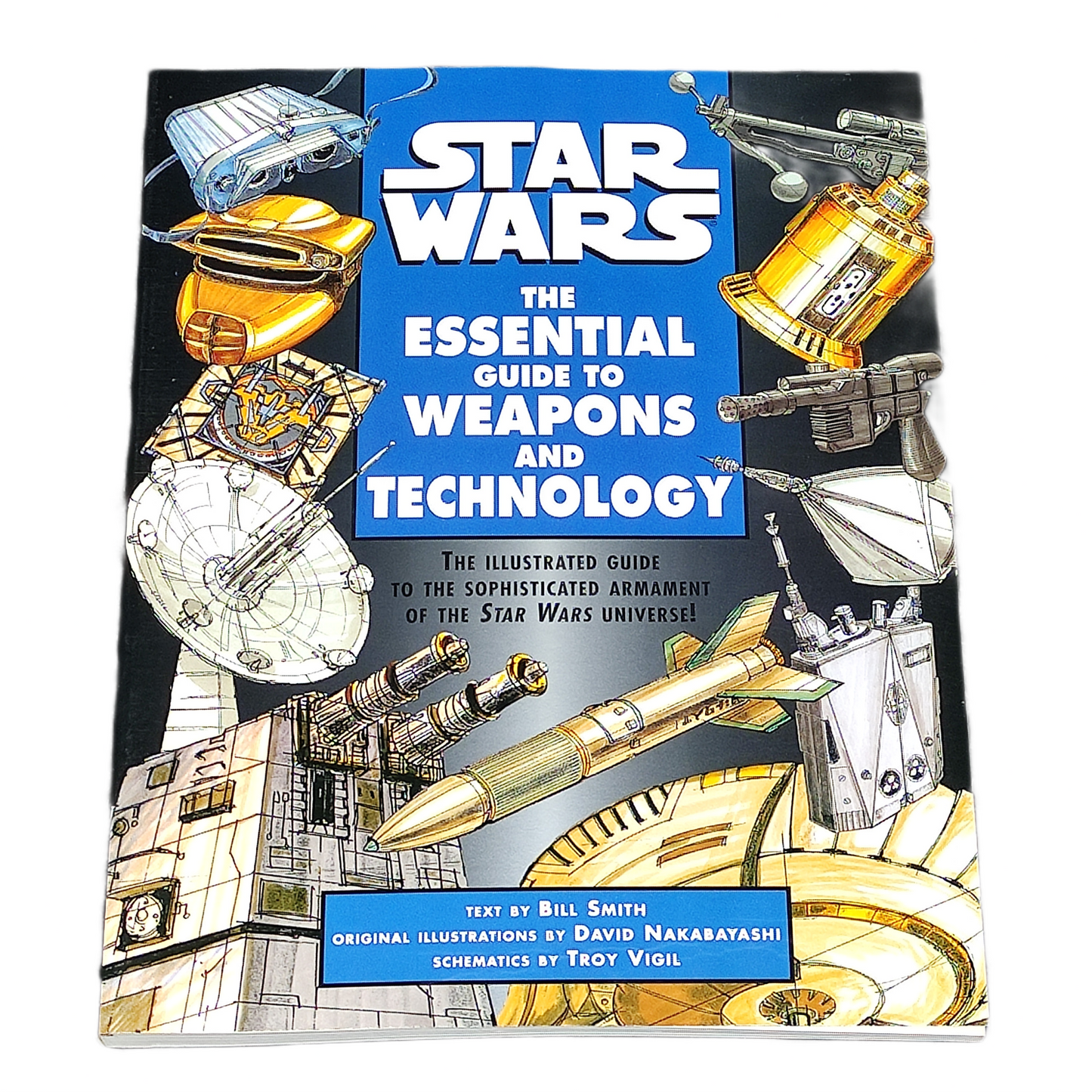 Book cover of 'Star Wars: The Essential Guide to Weapons and Technology' with illustrations of weapons and text on a white background.