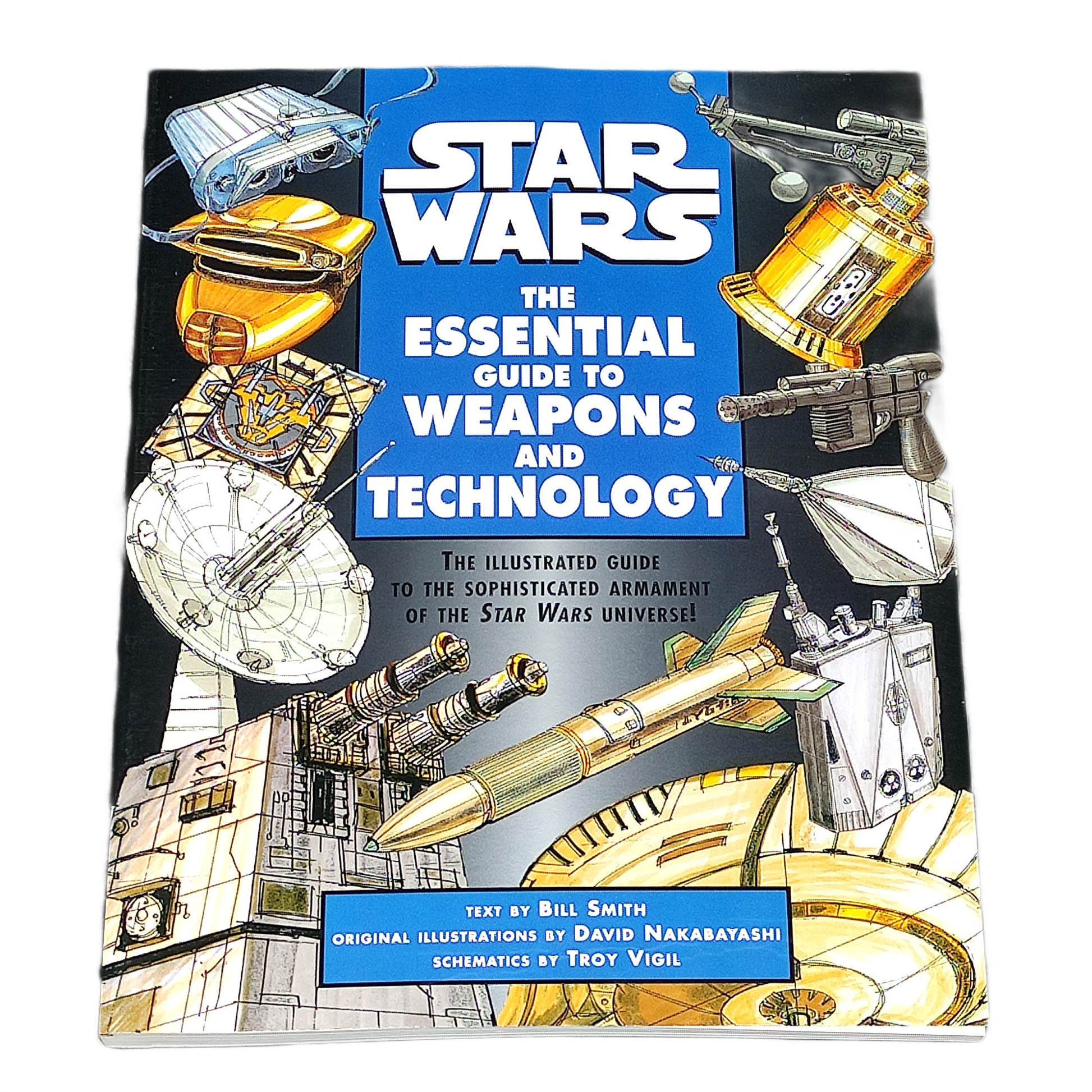 Book cover of 'Star Wars: The Essential Guide to Weapons and Technology' with illustrations of weapons and text on a white background.