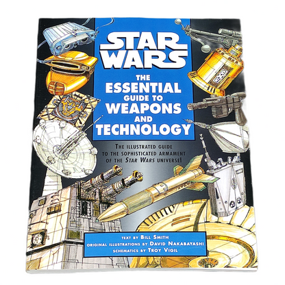 Book cover of 'Star Wars: The Essential Guide to Weapons and Technology' with illustrations of weapons and text on a white background.
