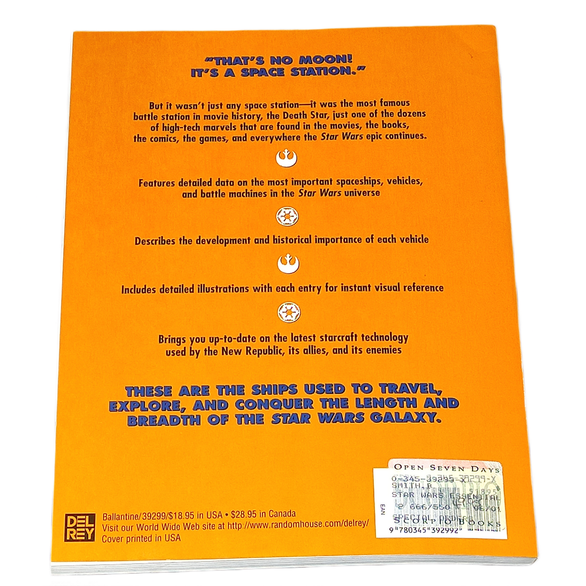 Orange book cover with text about Star Wars vehicles and stations