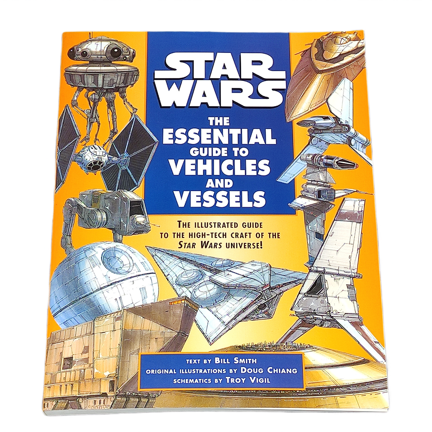 Book cover of 'Star Wars: The Essential Guide to Vehicles and Vessels' with illustrations of spacecraft on a yellow and blue background.