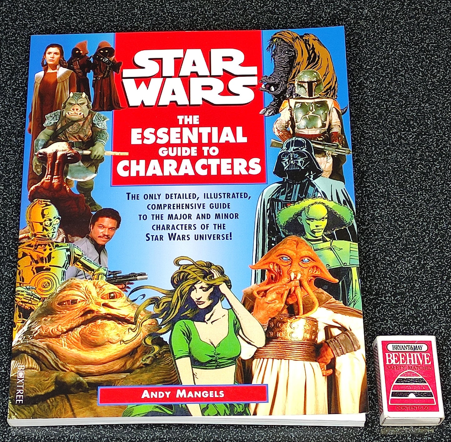 Book titled 'Star Wars: The Essential Guide to Characters' on a dark background