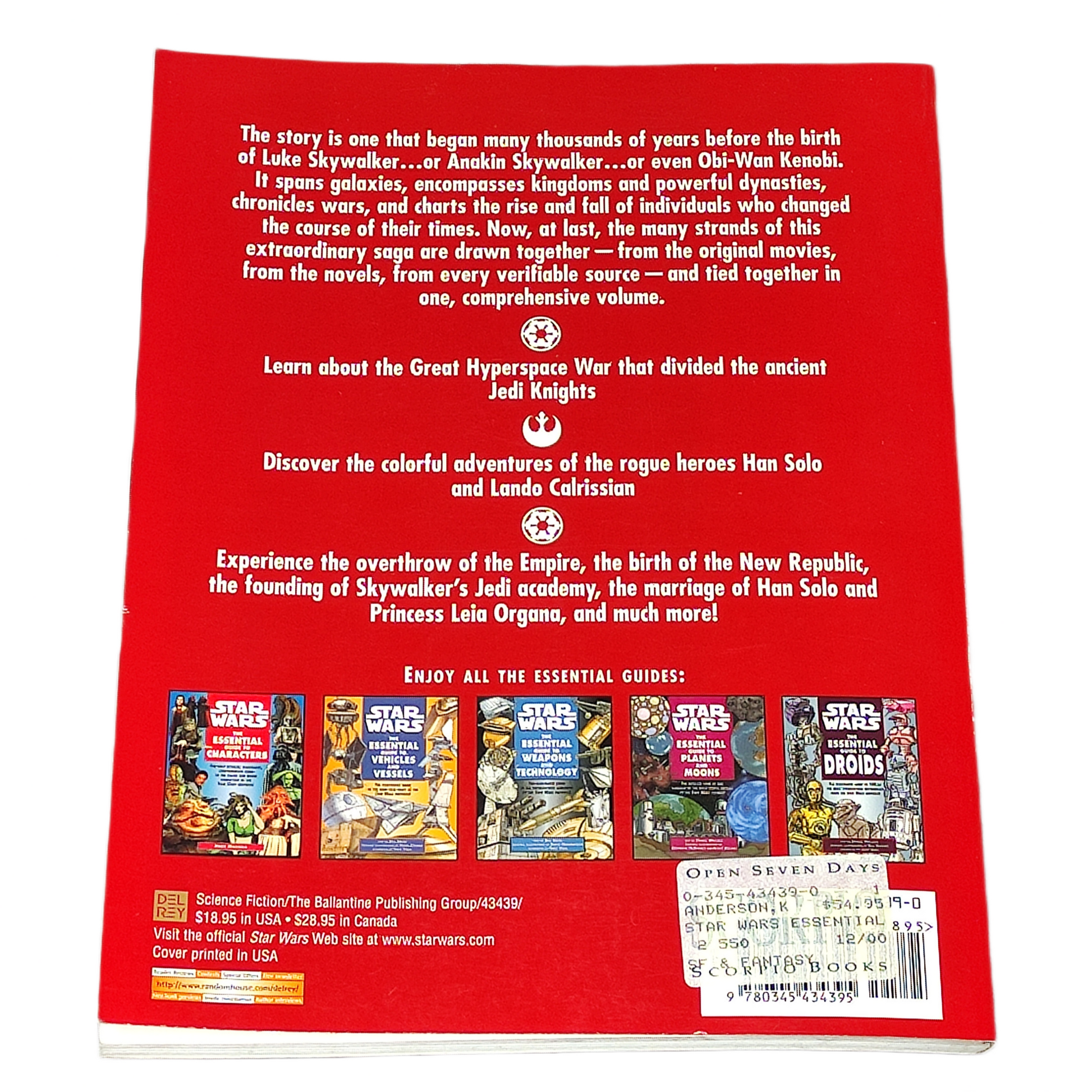 Back cover of a book with text and Star Wars-themed illustrations on a red background
