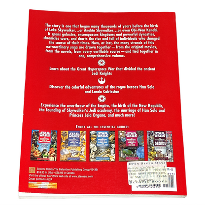 Back cover of a book with text and Star Wars-themed illustrations on a red background