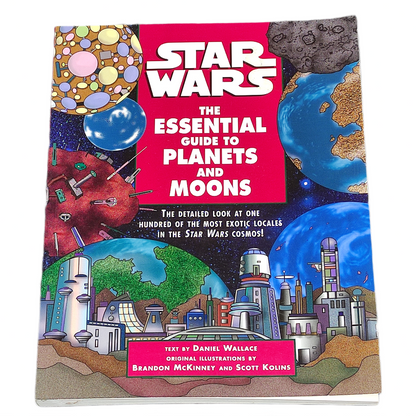 Book cover of 'Star Wars: The Essential Guide to Planets and Moons' with colorful illustrations on a white background.