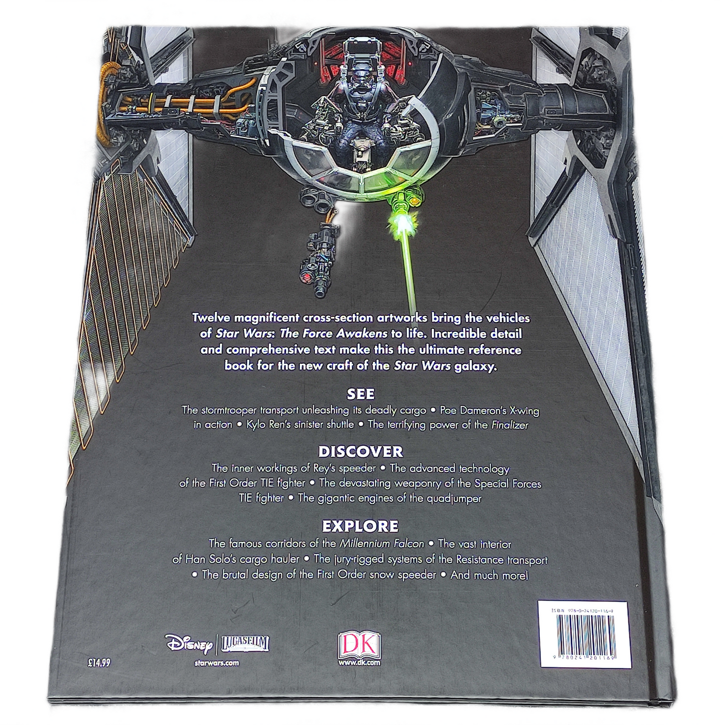 Back cover of a book featuring a Star Wars vehicle illustration and text.