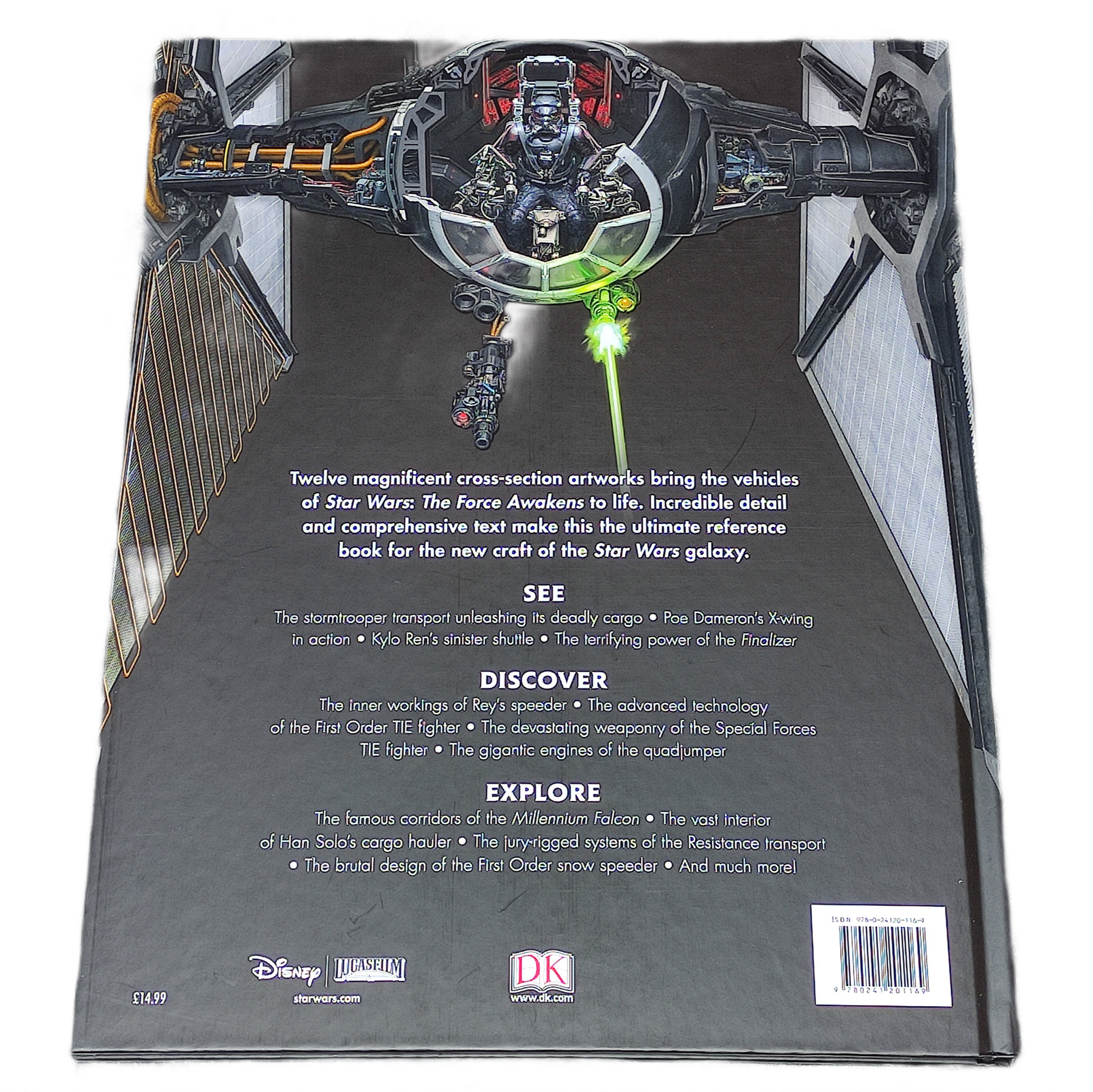Back cover of a book featuring a Star Wars vehicle illustration and text.